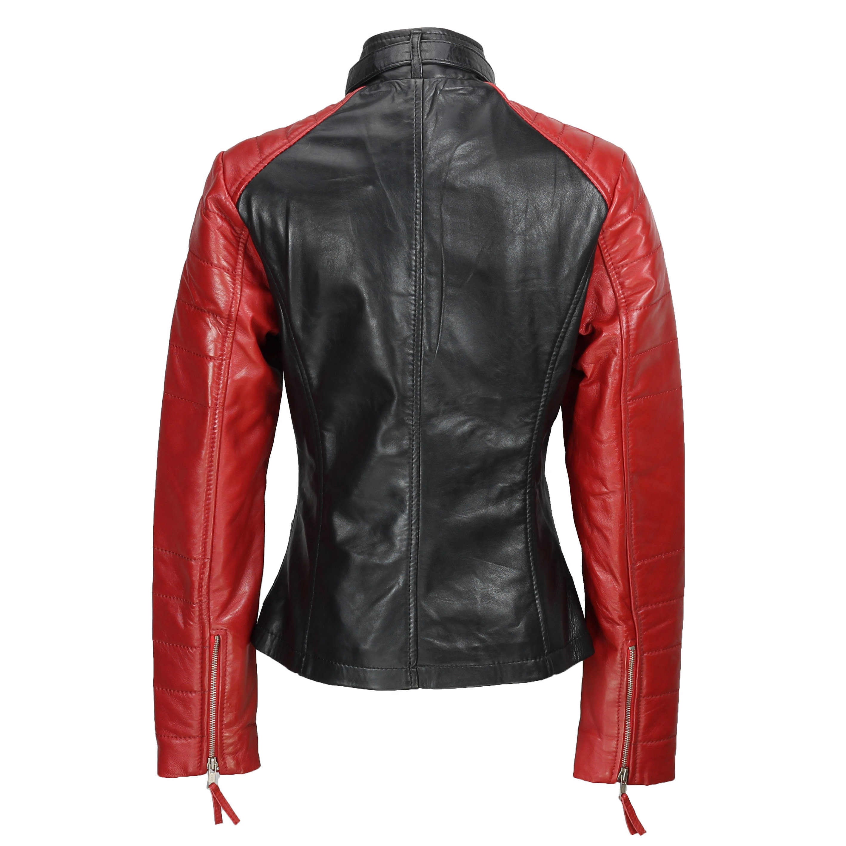 Ladies Black Red Vintage Soft Genuine Real Leather Biker Jacket Fitted