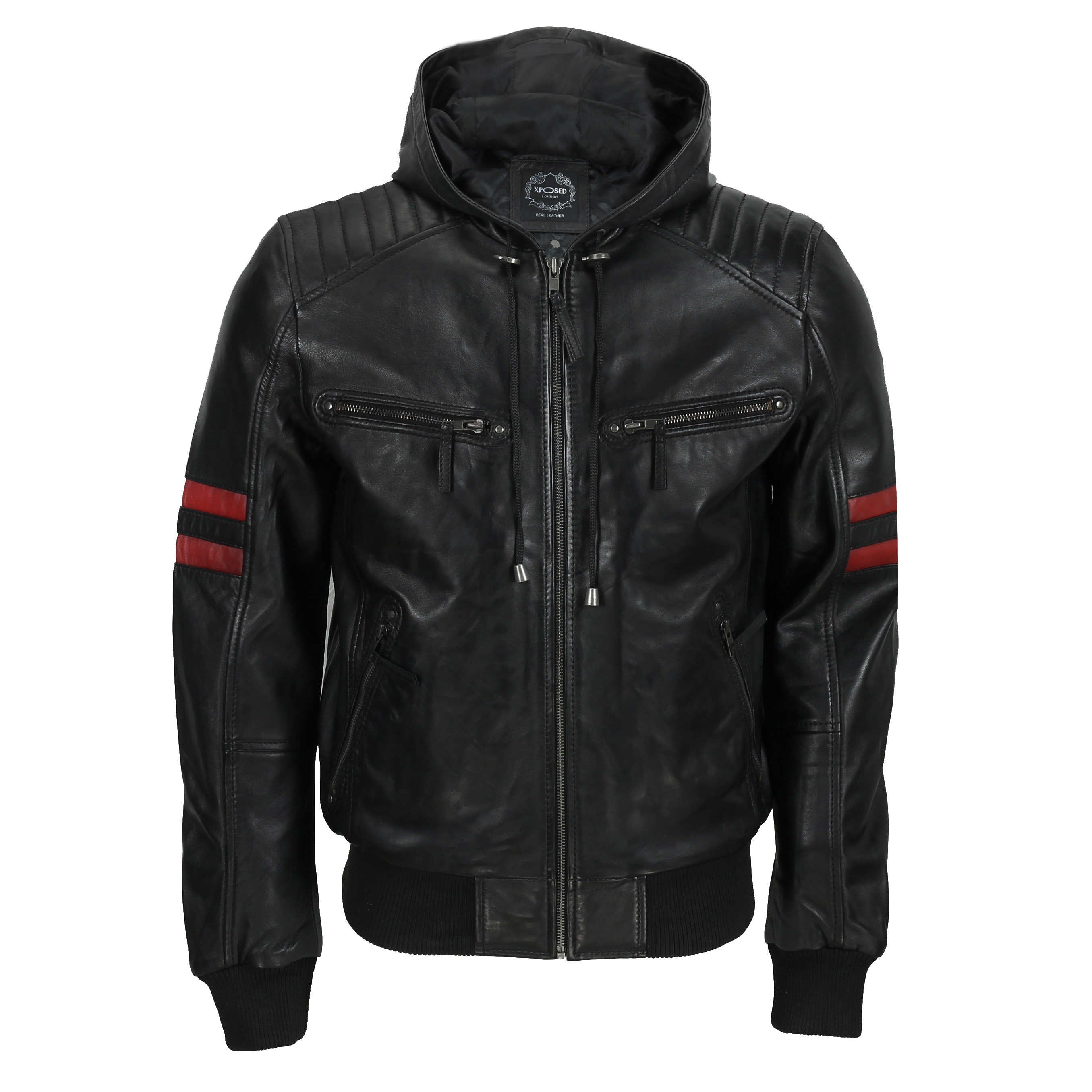 BOMBER LEATHER JACKET WITH HOOD