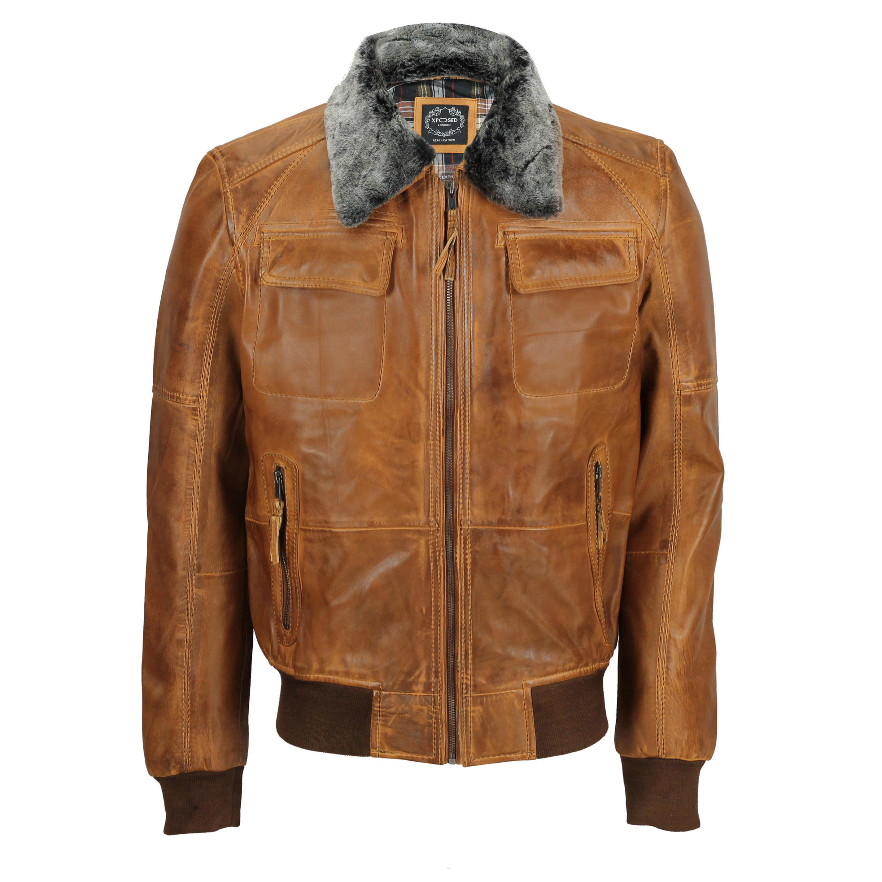 BOMBER TAN LEATHER JACKET WITH FUR