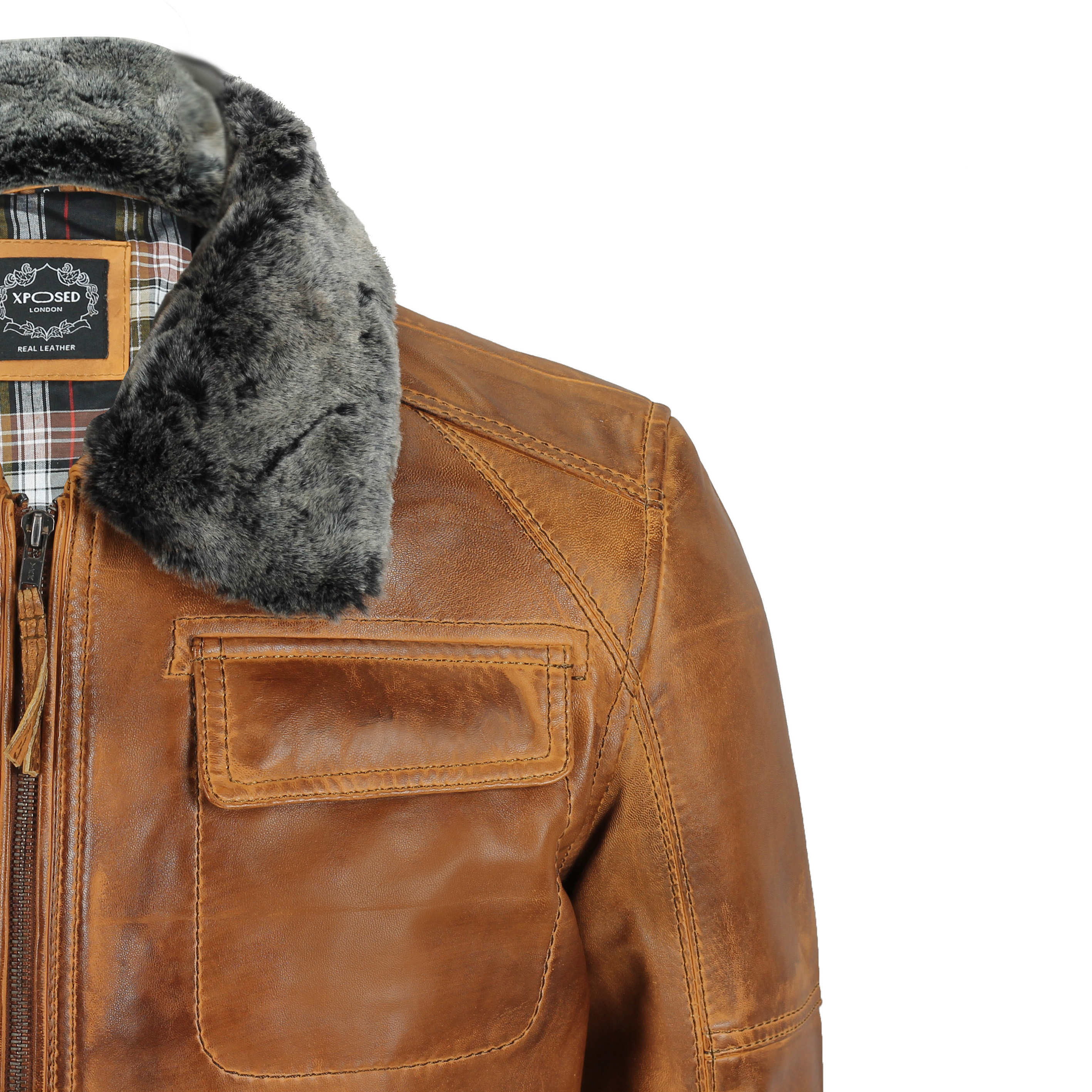 BOMBER TAN LEATHER JACKET WITH FUR