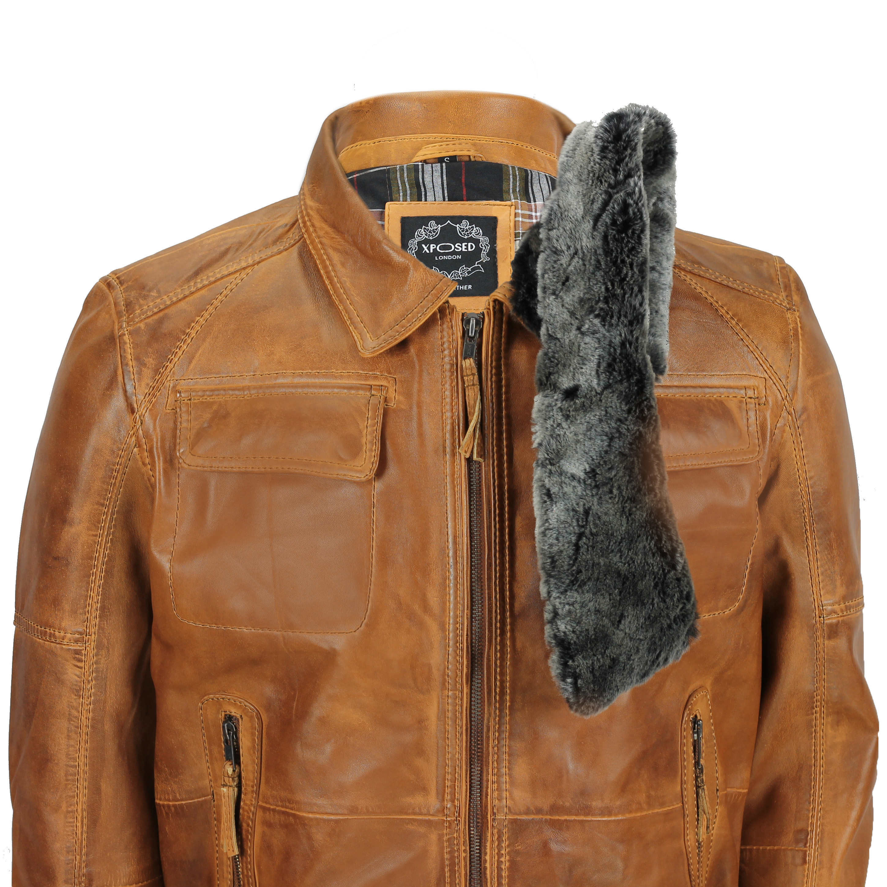 BOMBER TAN LEATHER JACKET WITH FUR