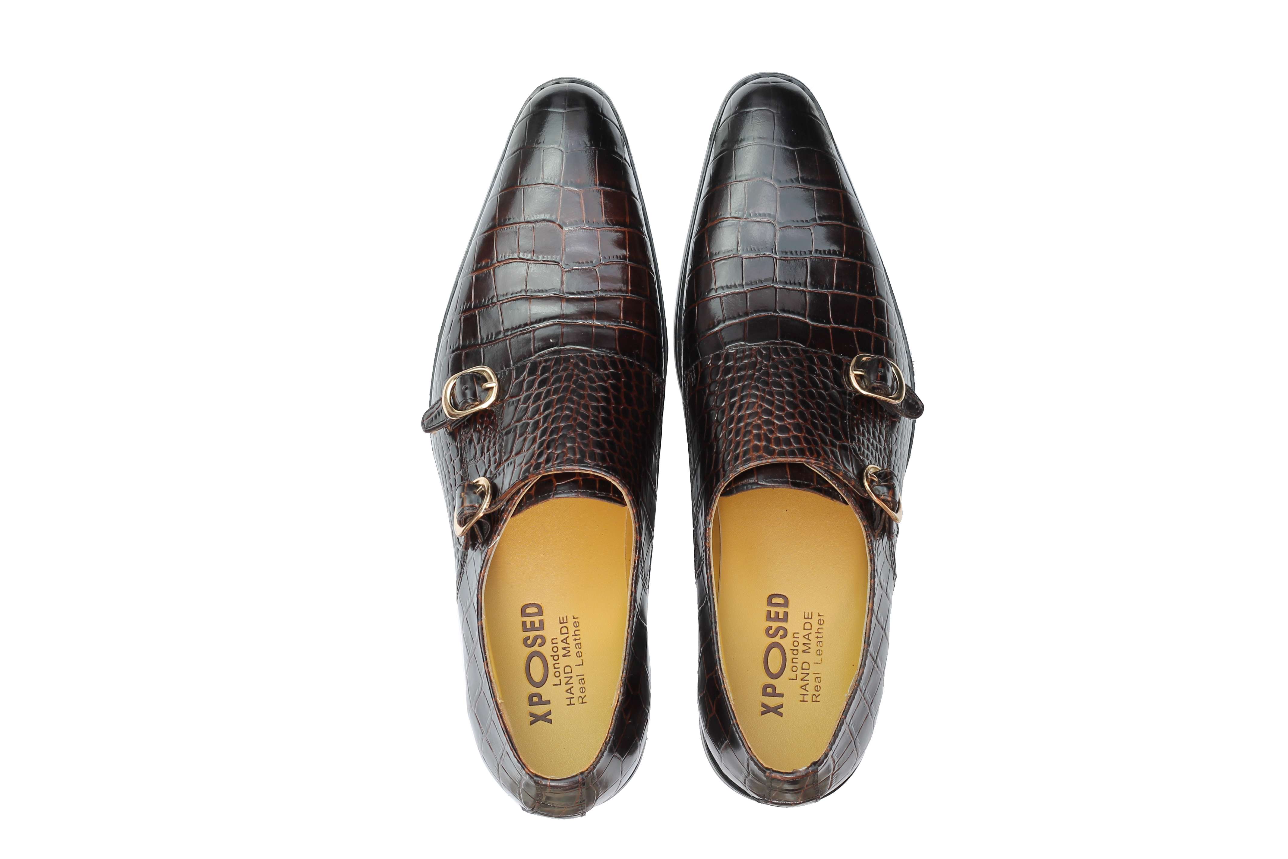 Real Leather Crocodile Print Brown Loafers