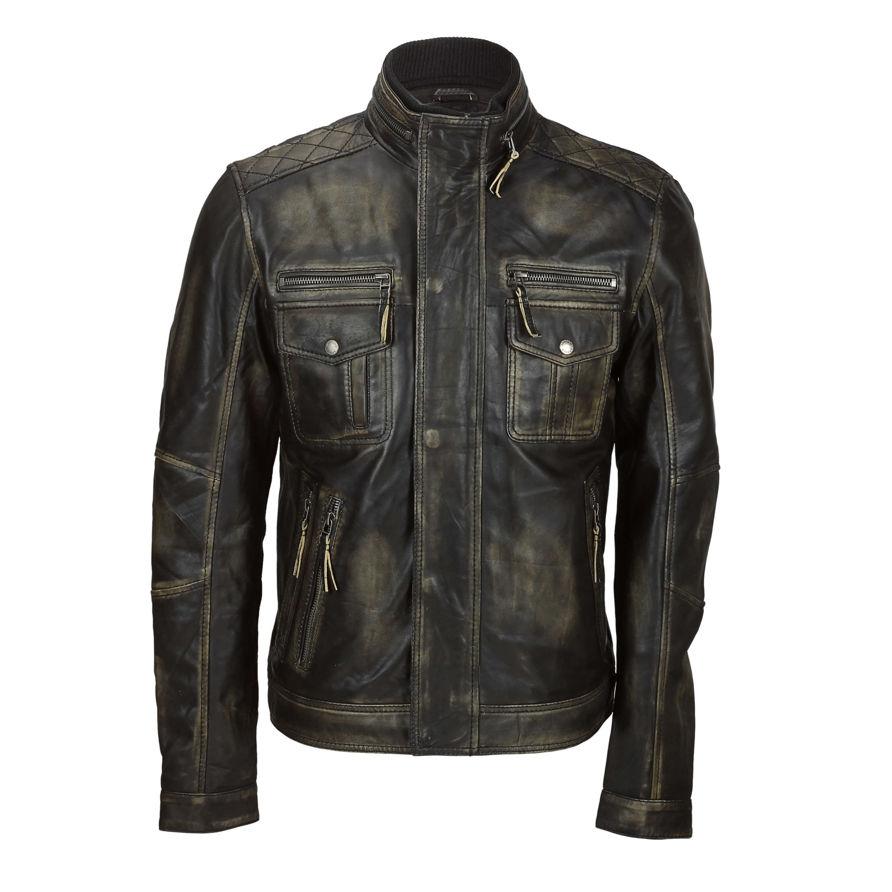 Mens Vintage Rub Off Real Leather Biker Jacket Smart Casual Retro Military Style