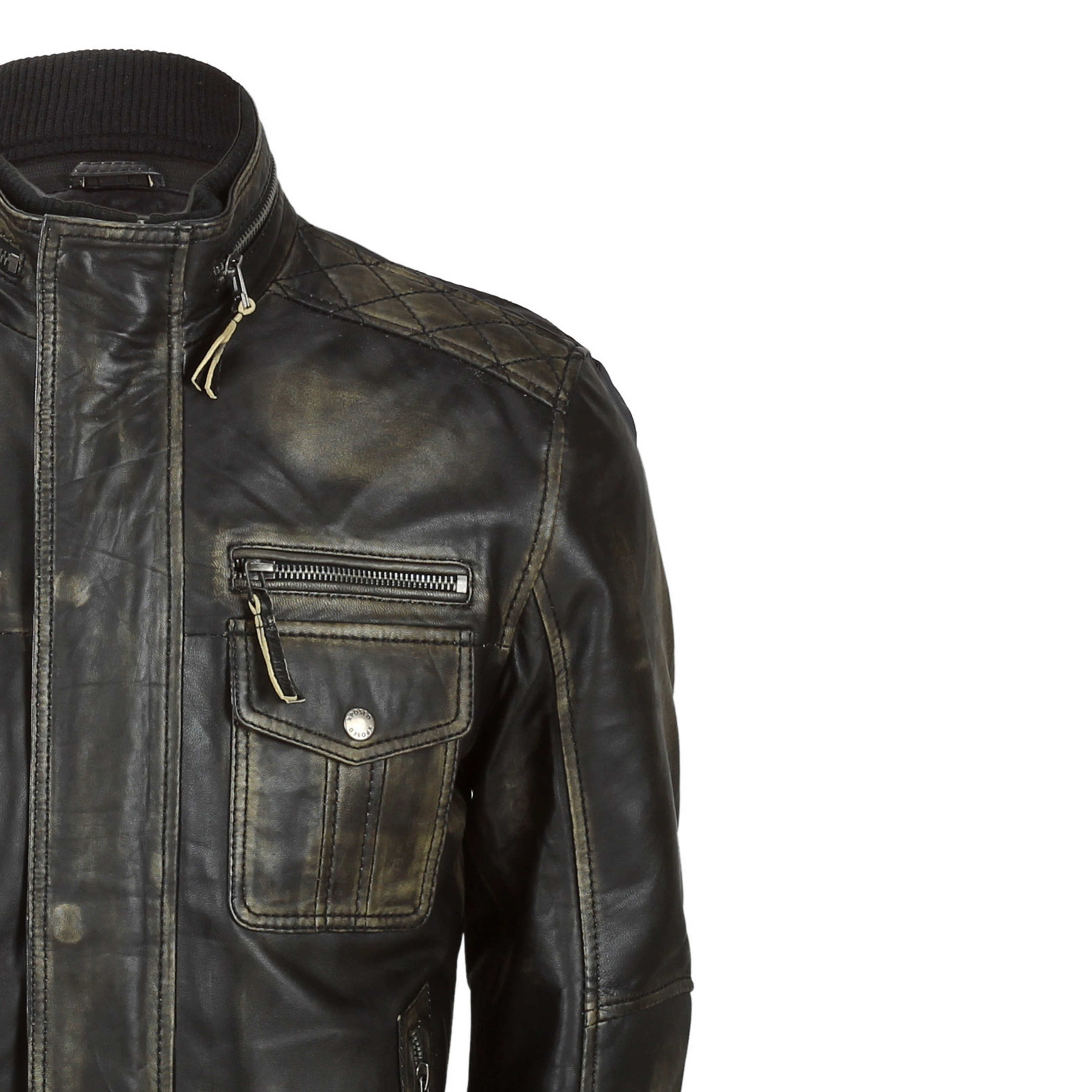 Mens Vintage Rub Off Real Leather Biker Jacket Smart Casual Retro Military Style