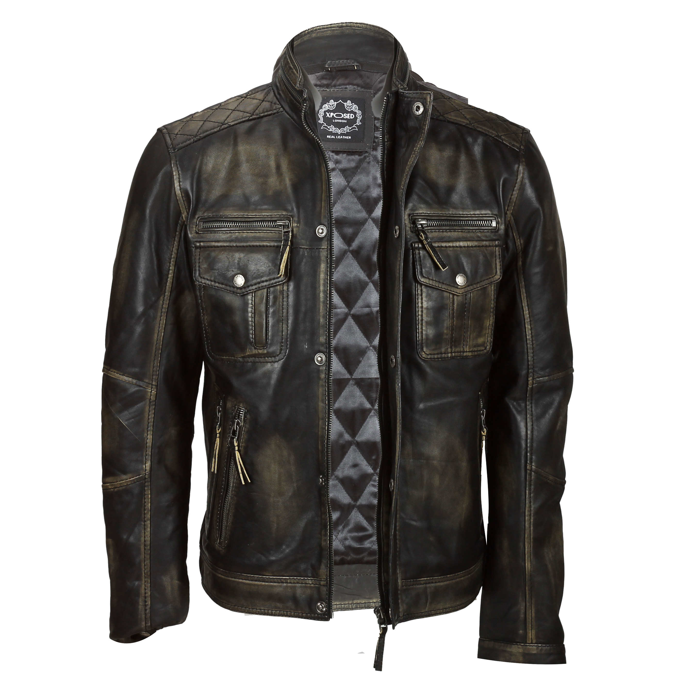 Mens Vintage Rub Off Real Leather Biker Jacket Smart Casual Retro Military Style