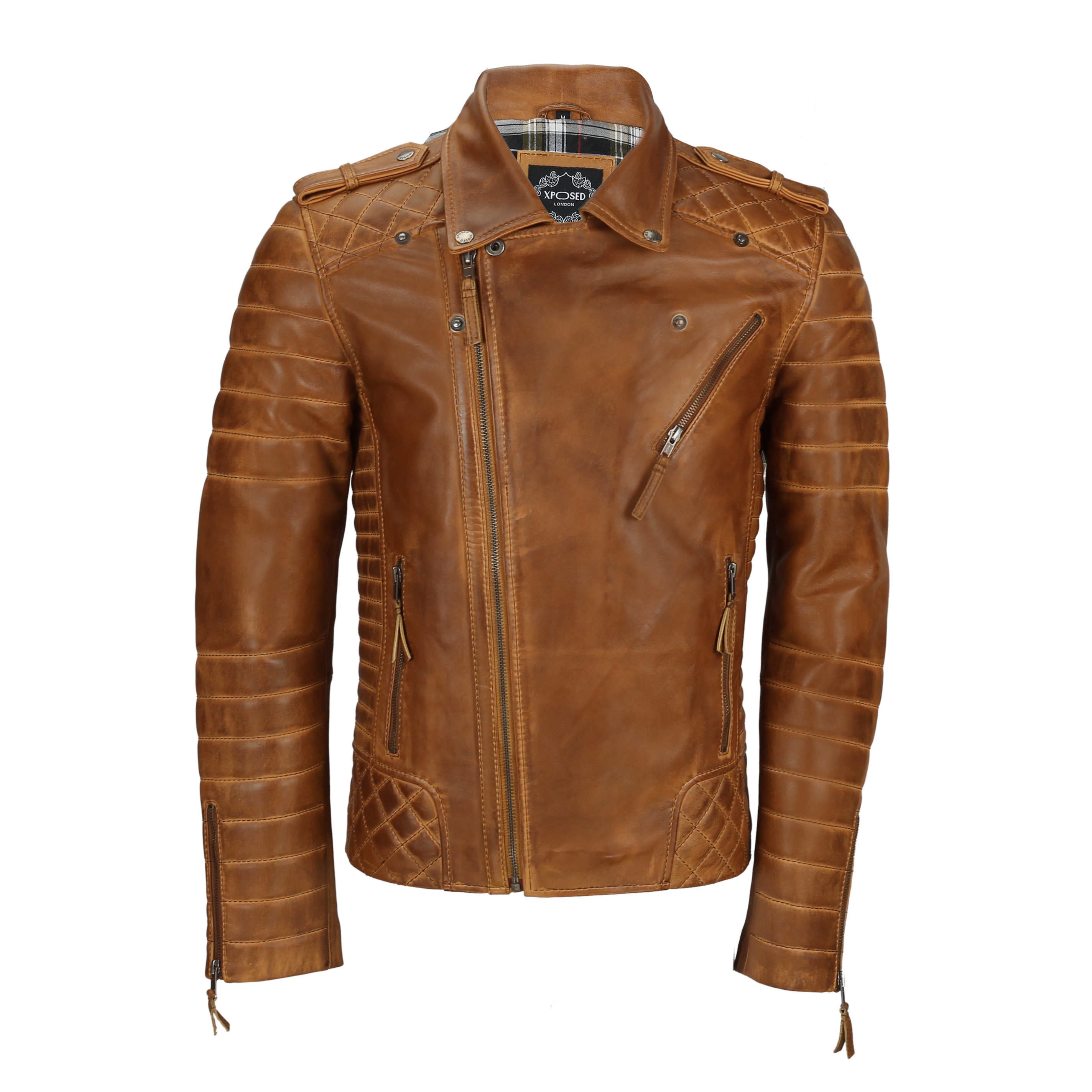 BIKER TAN LEATHER JACKET WITH TWO ZIPS