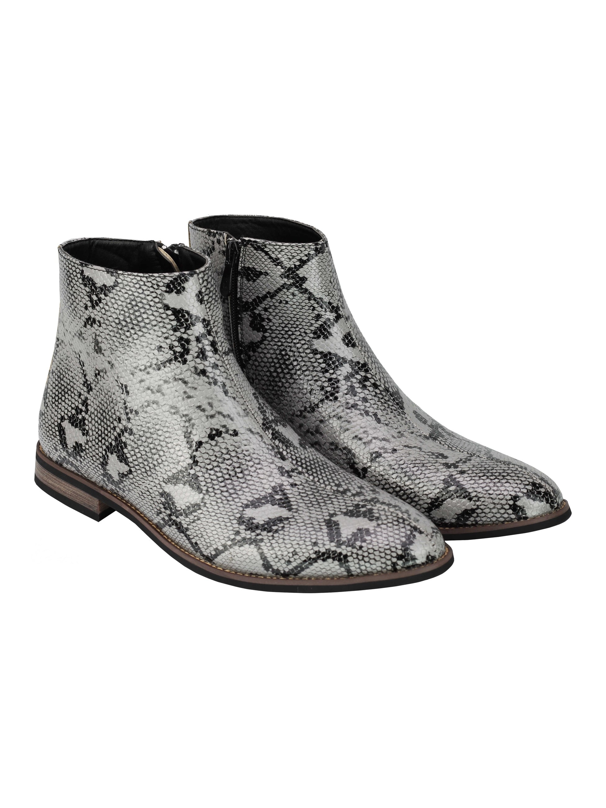 Leather Shiny Snake Skin Print Ankle Boots