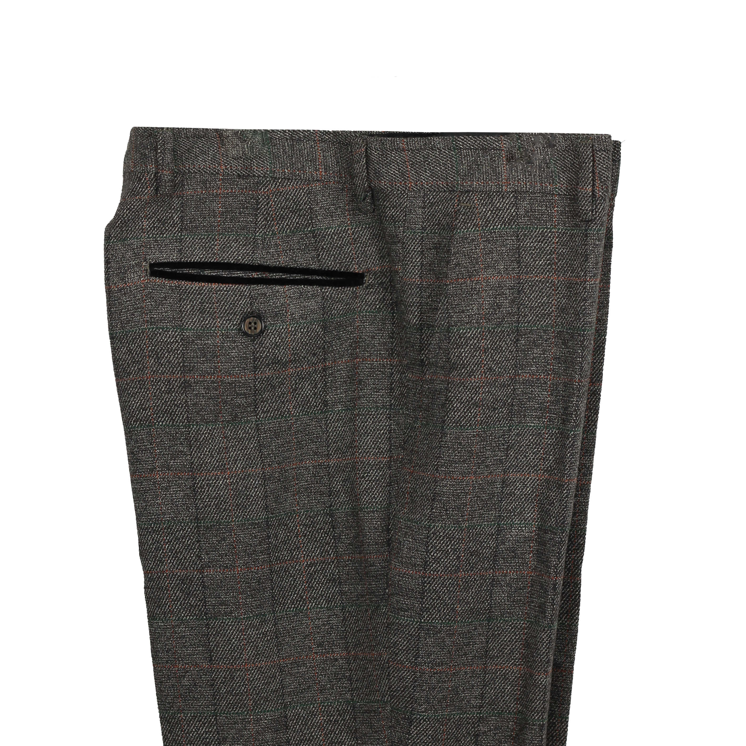 Mens Tonal Brown Check Herringbone Tweed Trousers