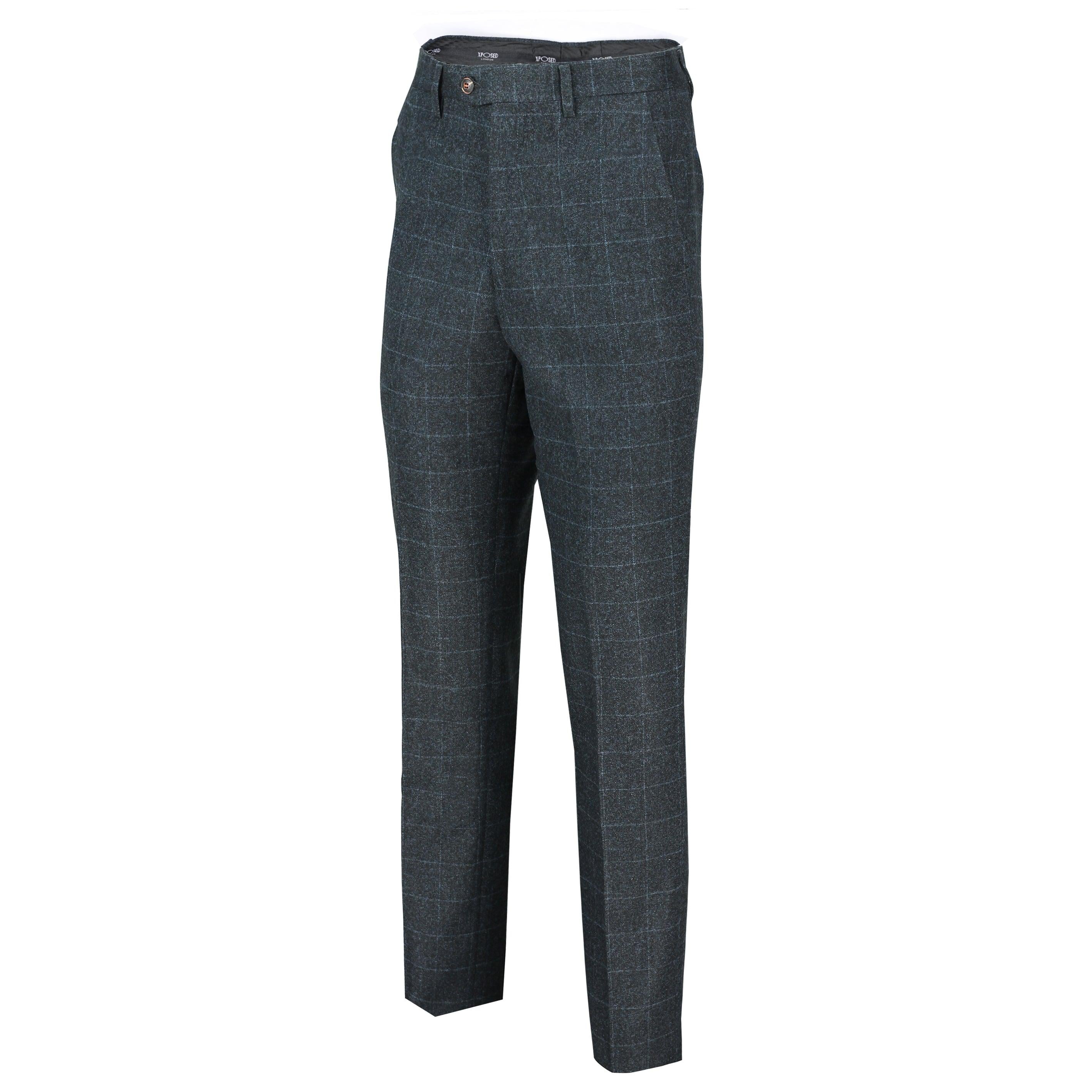 Mens Blue Tweed Herringbone Large Check Slim Fit Trousers