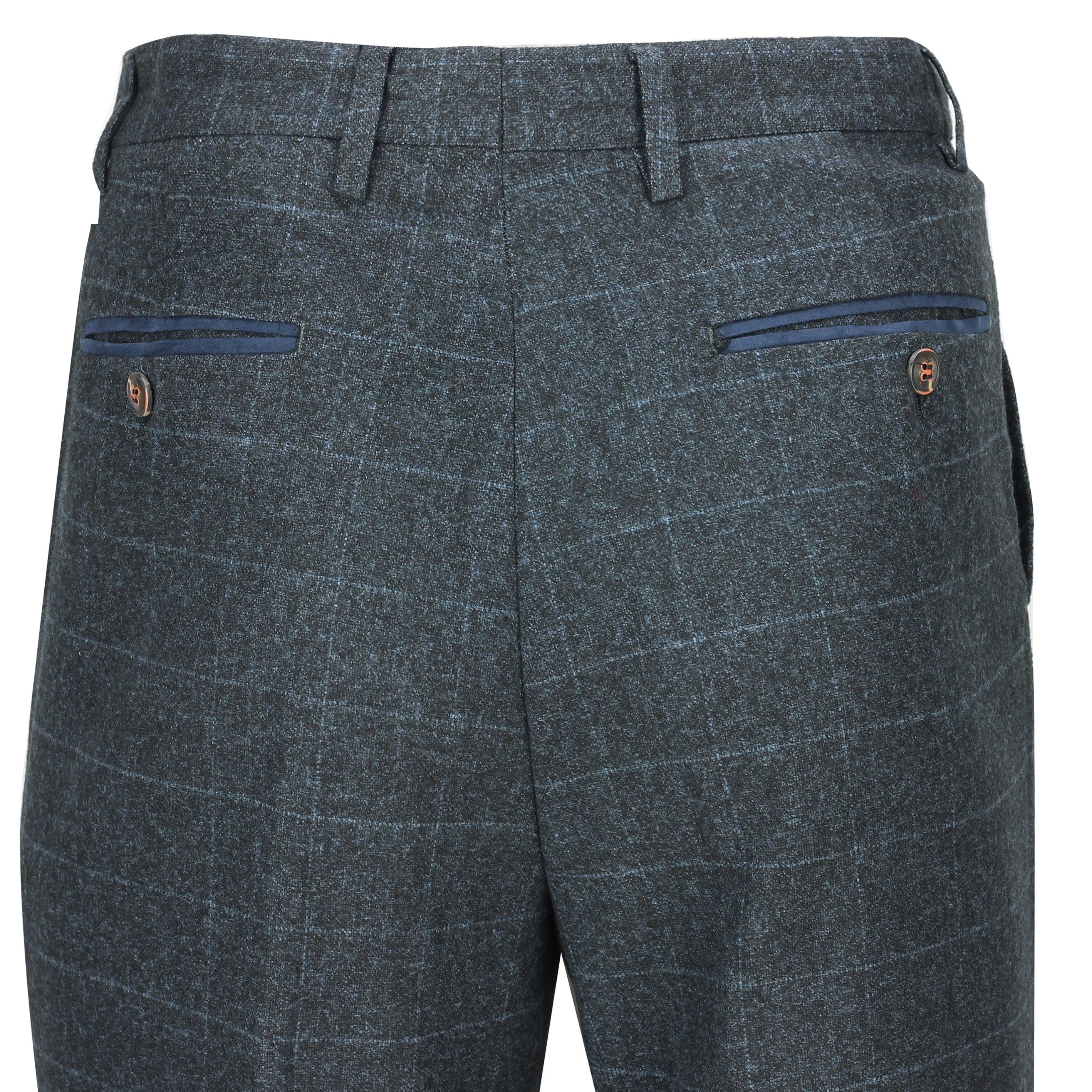 Mens Blue Tweed Herringbone Large Check Slim Fit Trousers