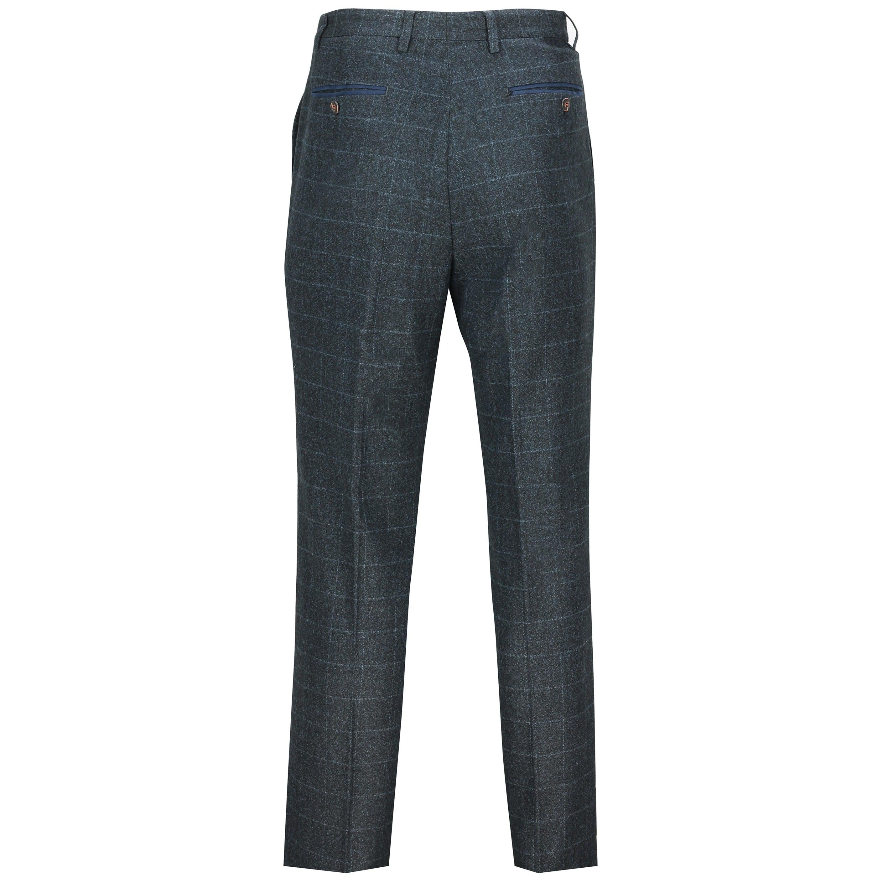 Mens Blue Tweed Herringbone Large Check Slim Fit Trousers