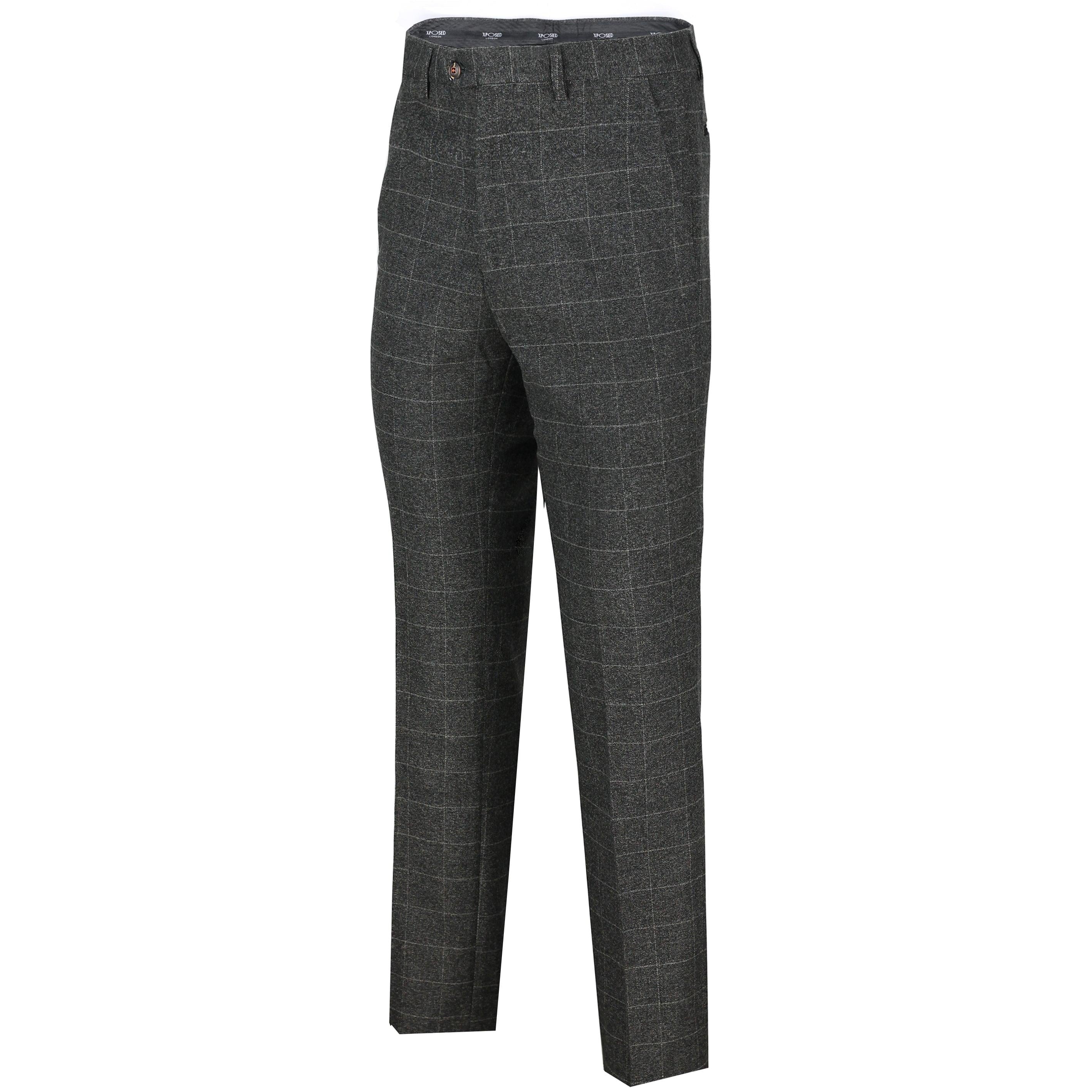 Mens Charcoal Grey Tweed Herringbone Large Check Slim Fit Trousers