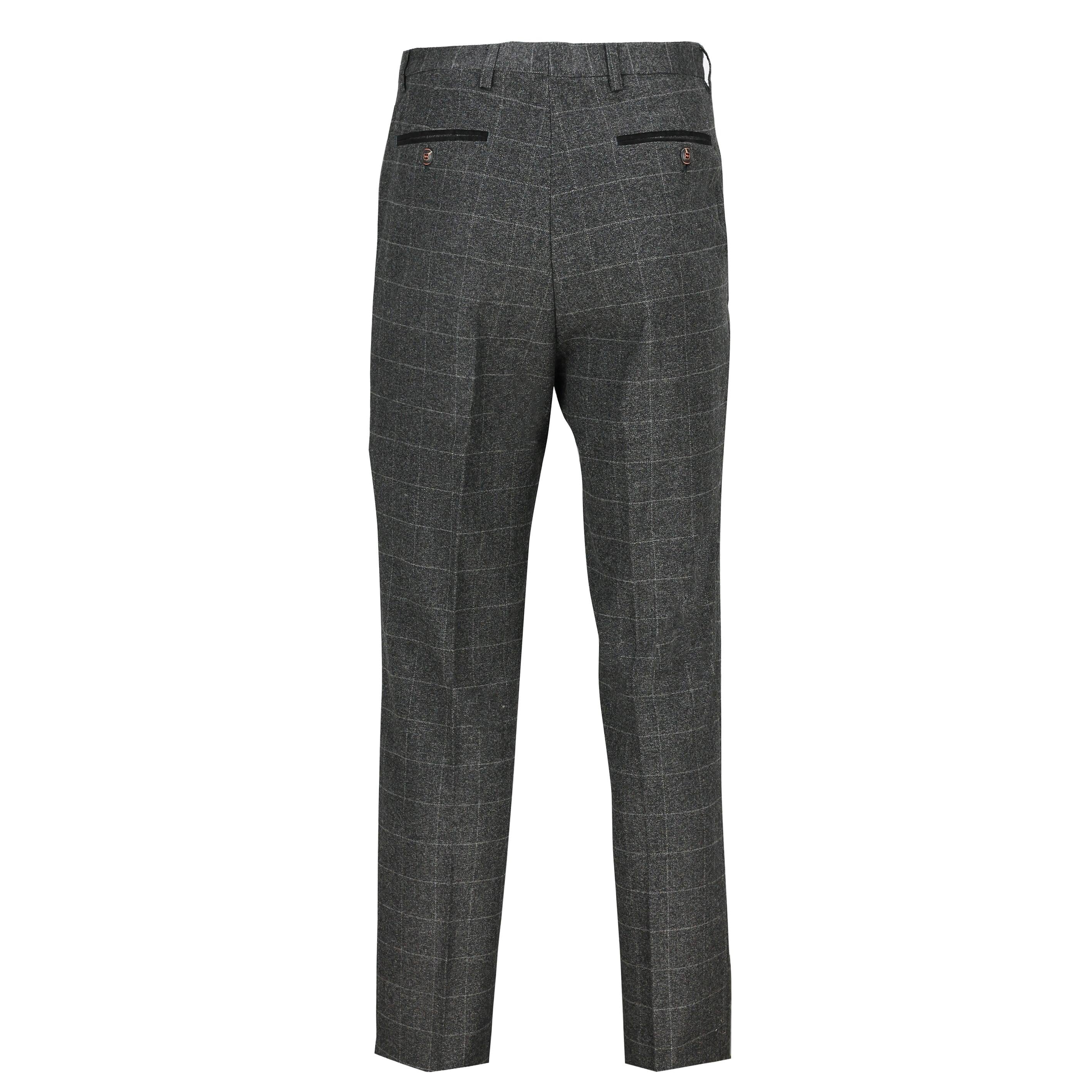 Mens Charcoal Grey Tweed Herringbone Large Check Slim Fit Trousers