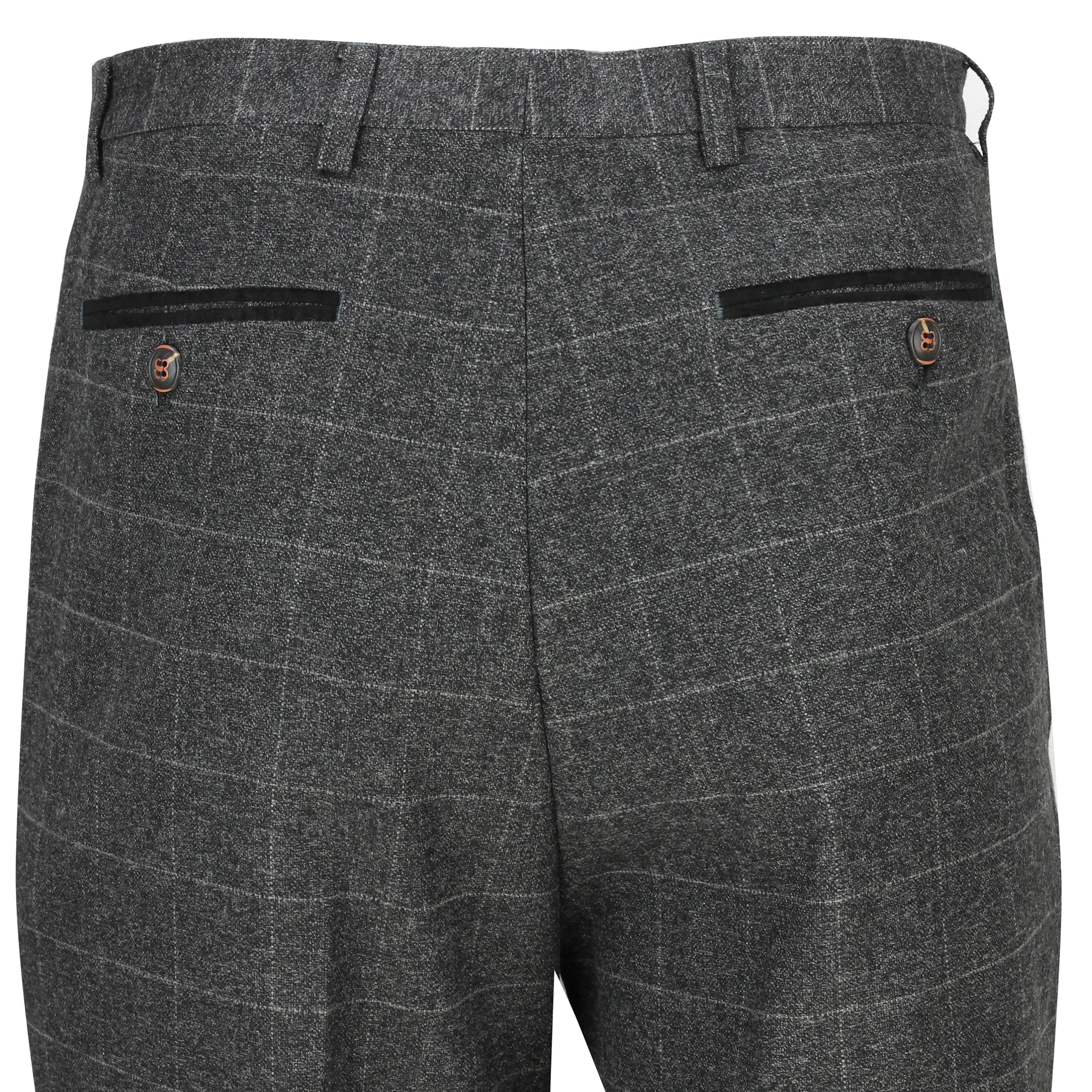 Mens Charcoal Grey Tweed Herringbone Large Check Slim Fit Trousers