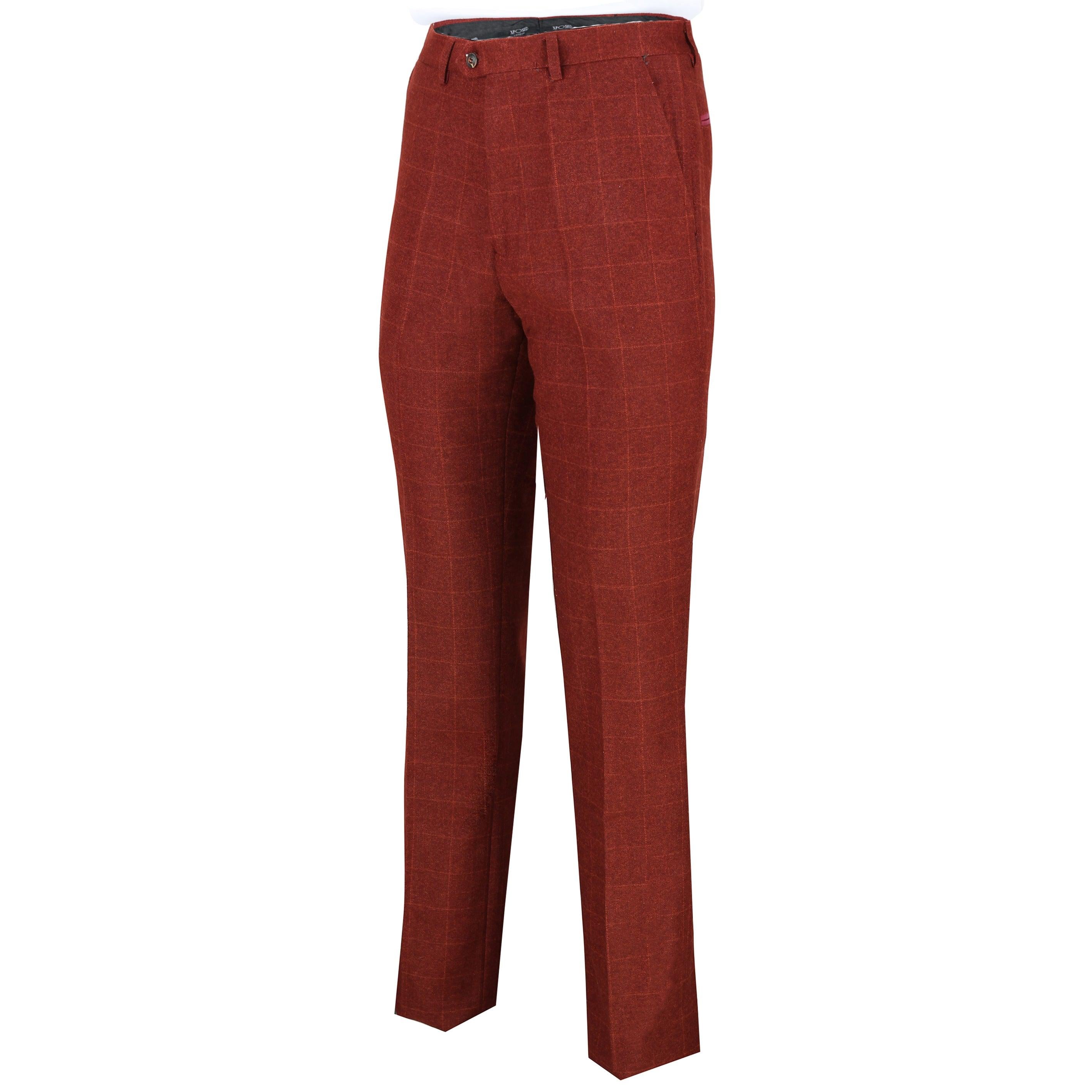 Mens Maroon Tweed Herringbone Large Check Slim Fit Trousers