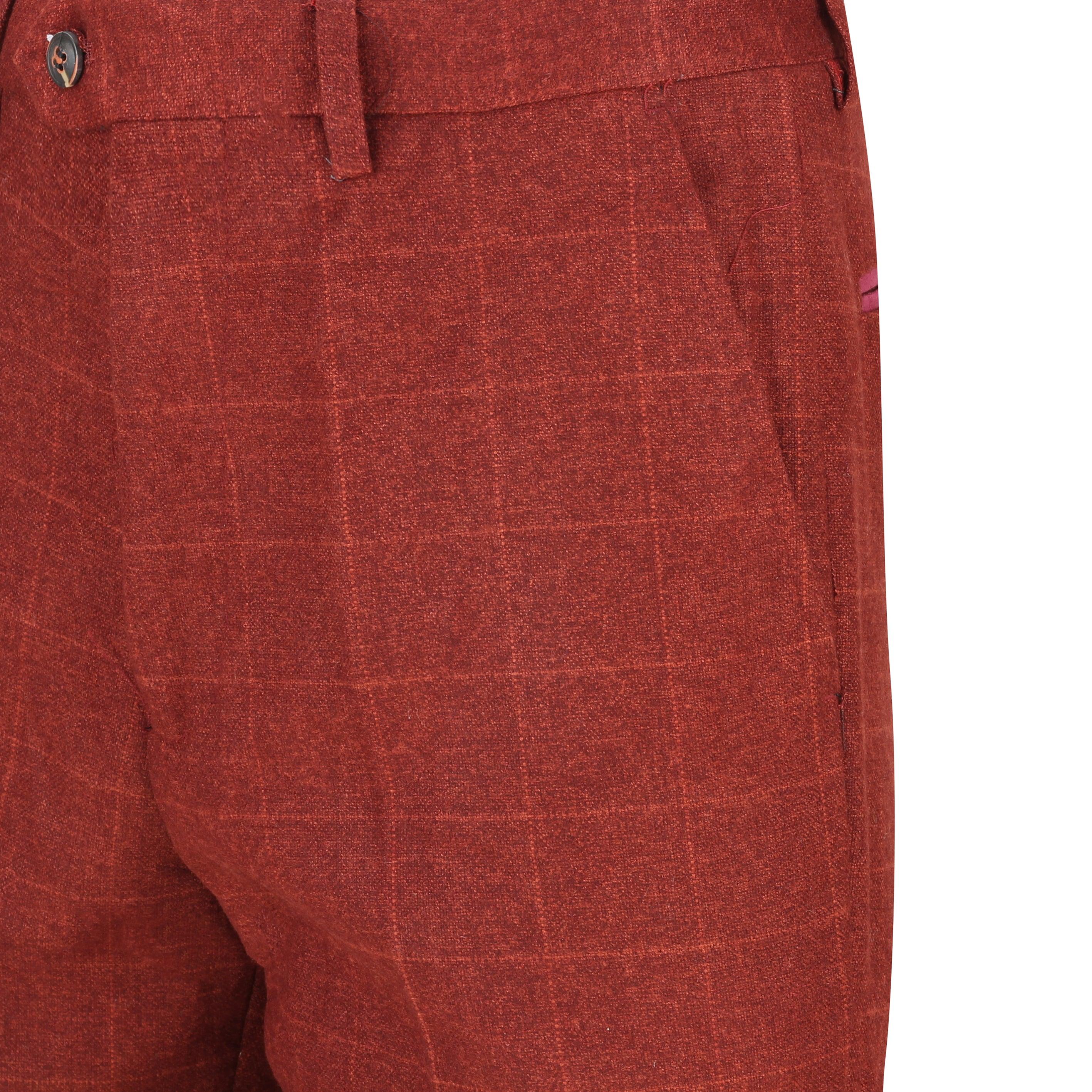 Mens Maroon Tweed Herringbone Large Check Slim Fit Trousers