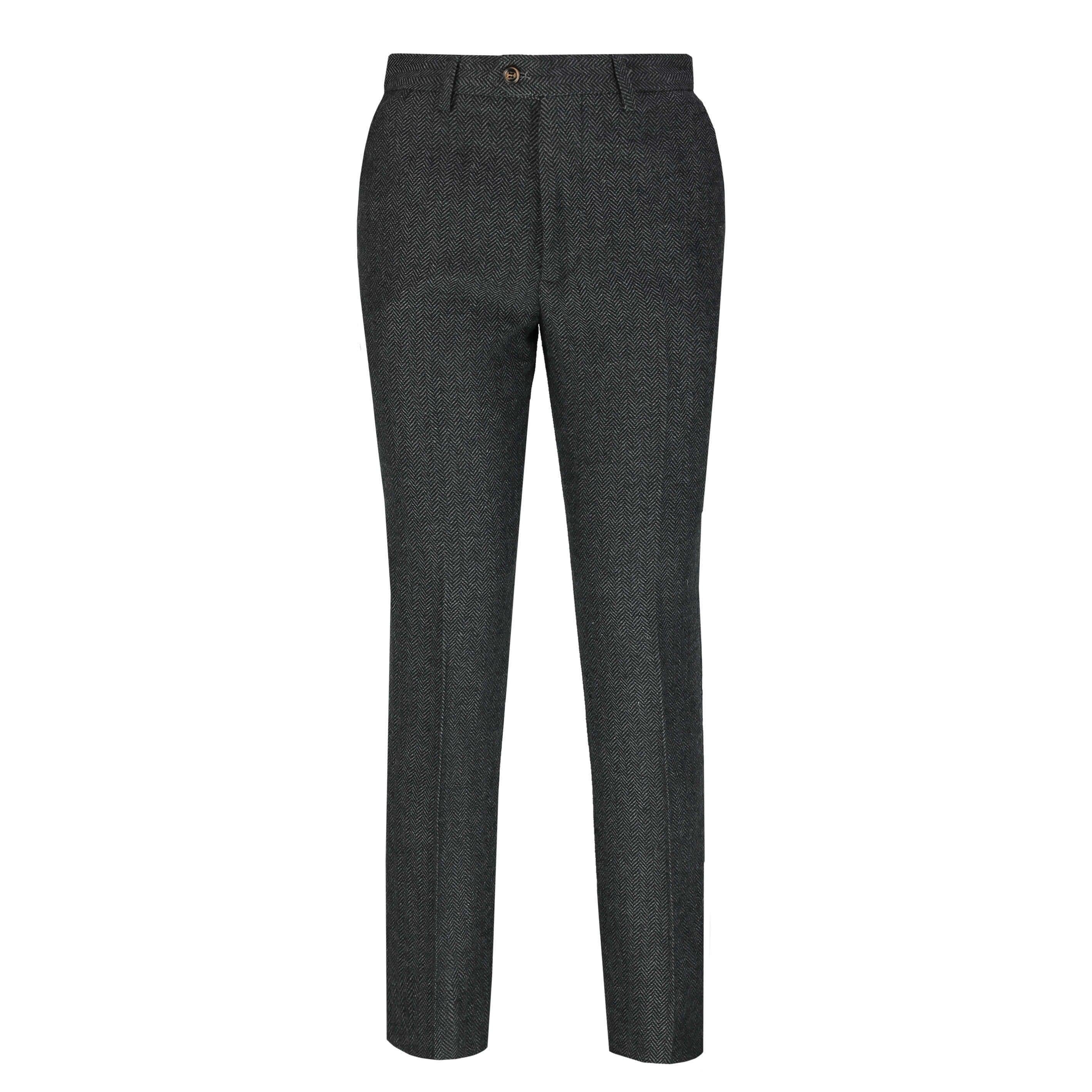 Mens Grey Herringbone 1920s Tailored Fit Suit Pants