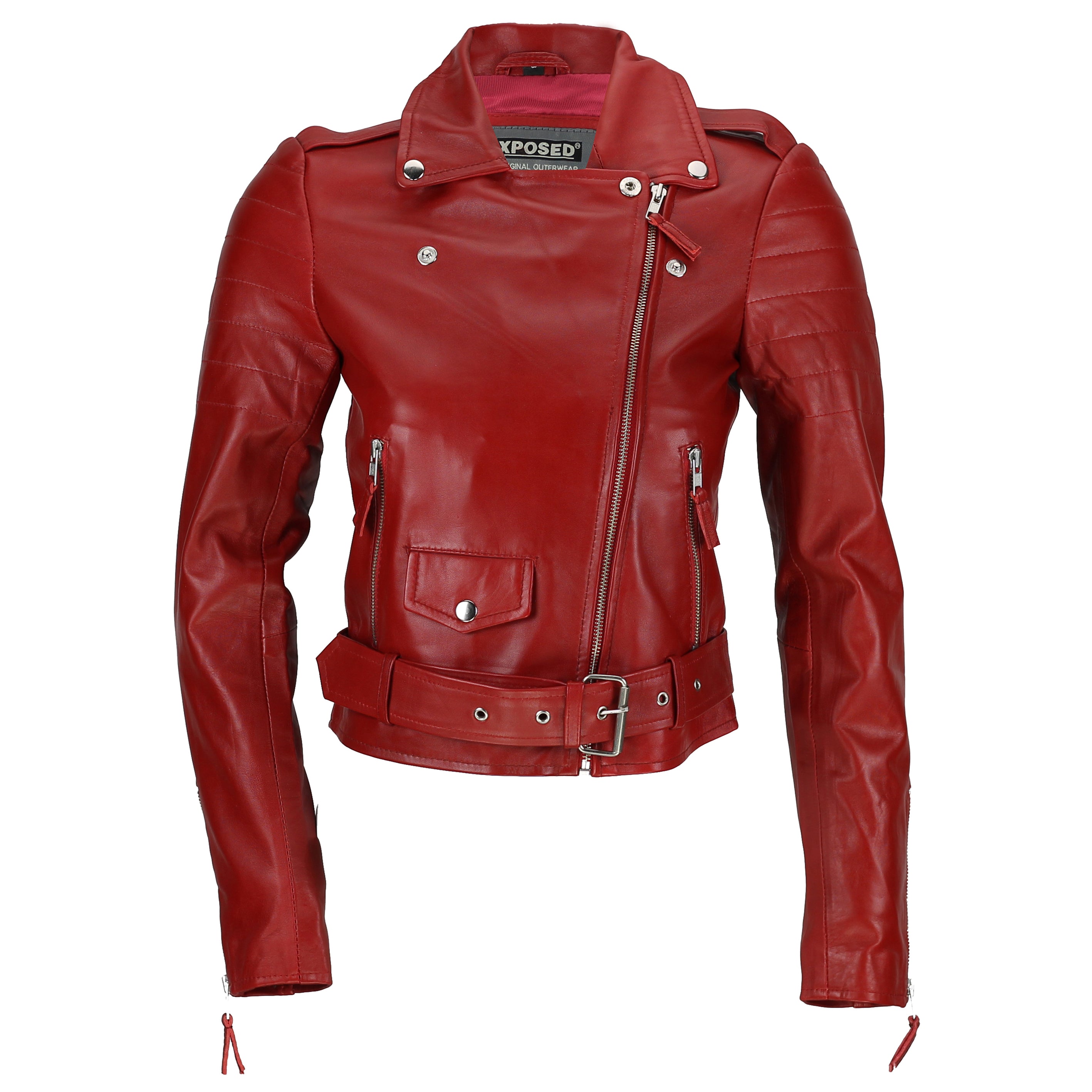 BLOUSON EN CUIR ROUGE BIKER POUR FEMME