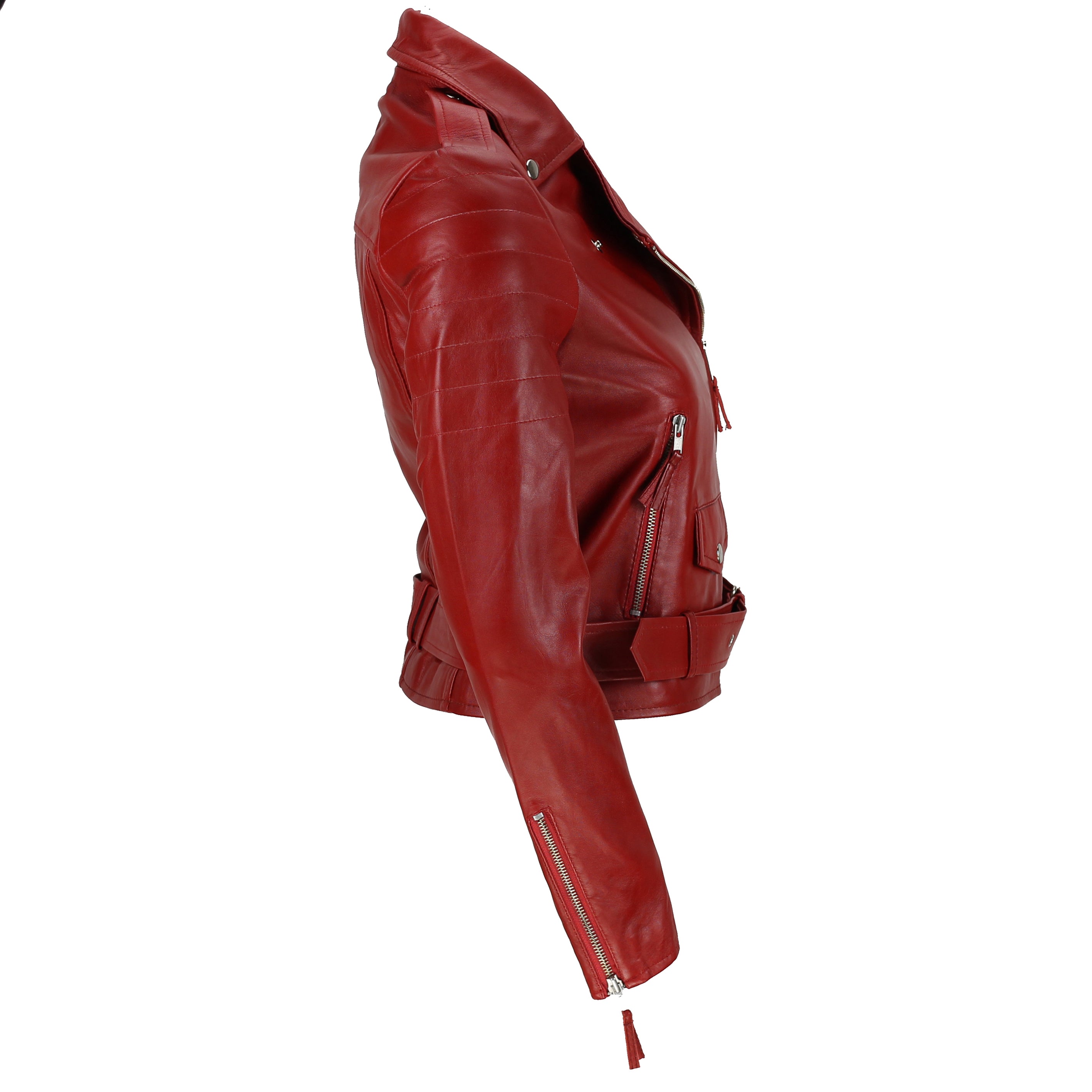 BLOUSON EN CUIR ROUGE BIKER POUR FEMME