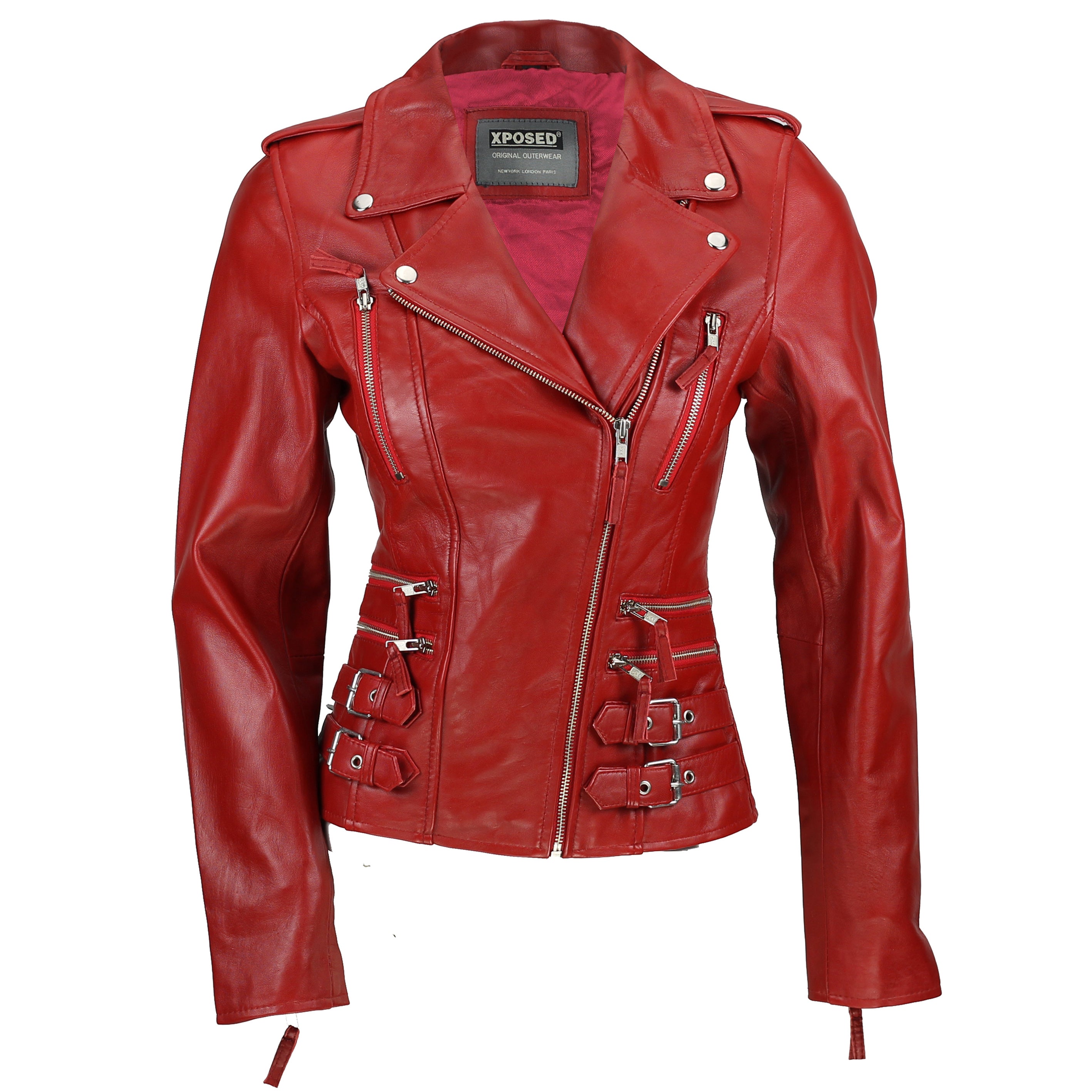 Red Real Leather Fitted Vintage Biker Style Zip Buckle Jacket
