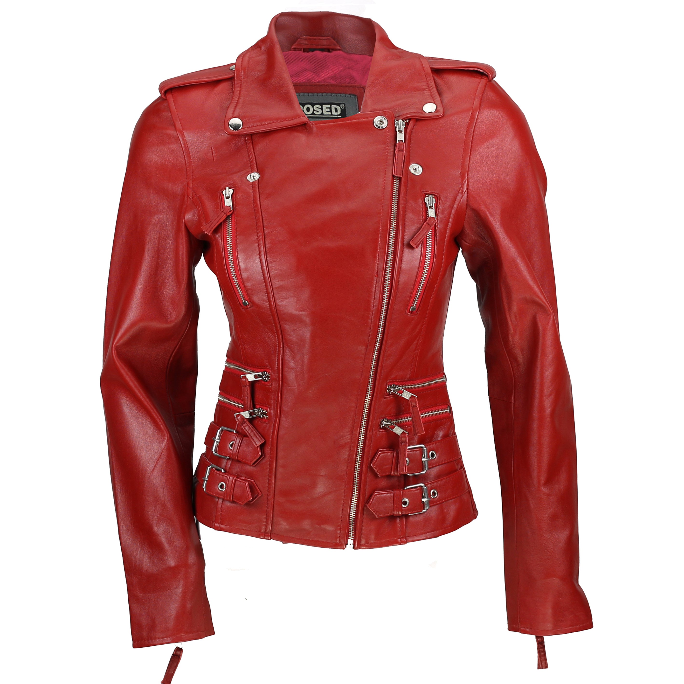 Red Real Leather Fitted Vintage Biker Style Zip Buckle Jacket