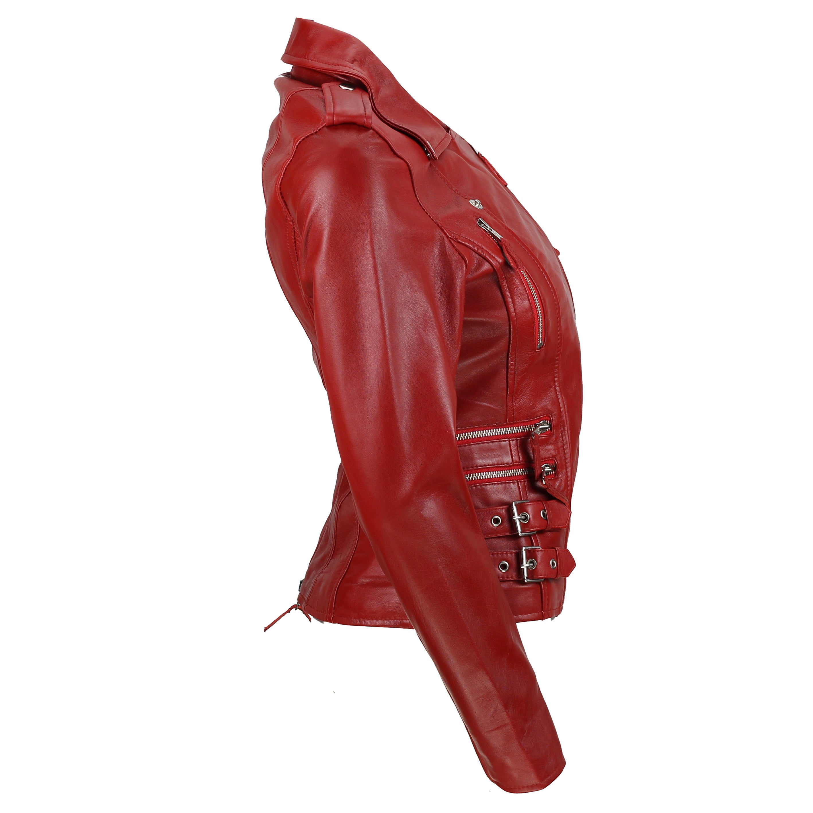 Red Real Leather Fitted Vintage Biker Style Zip Buckle Jacket