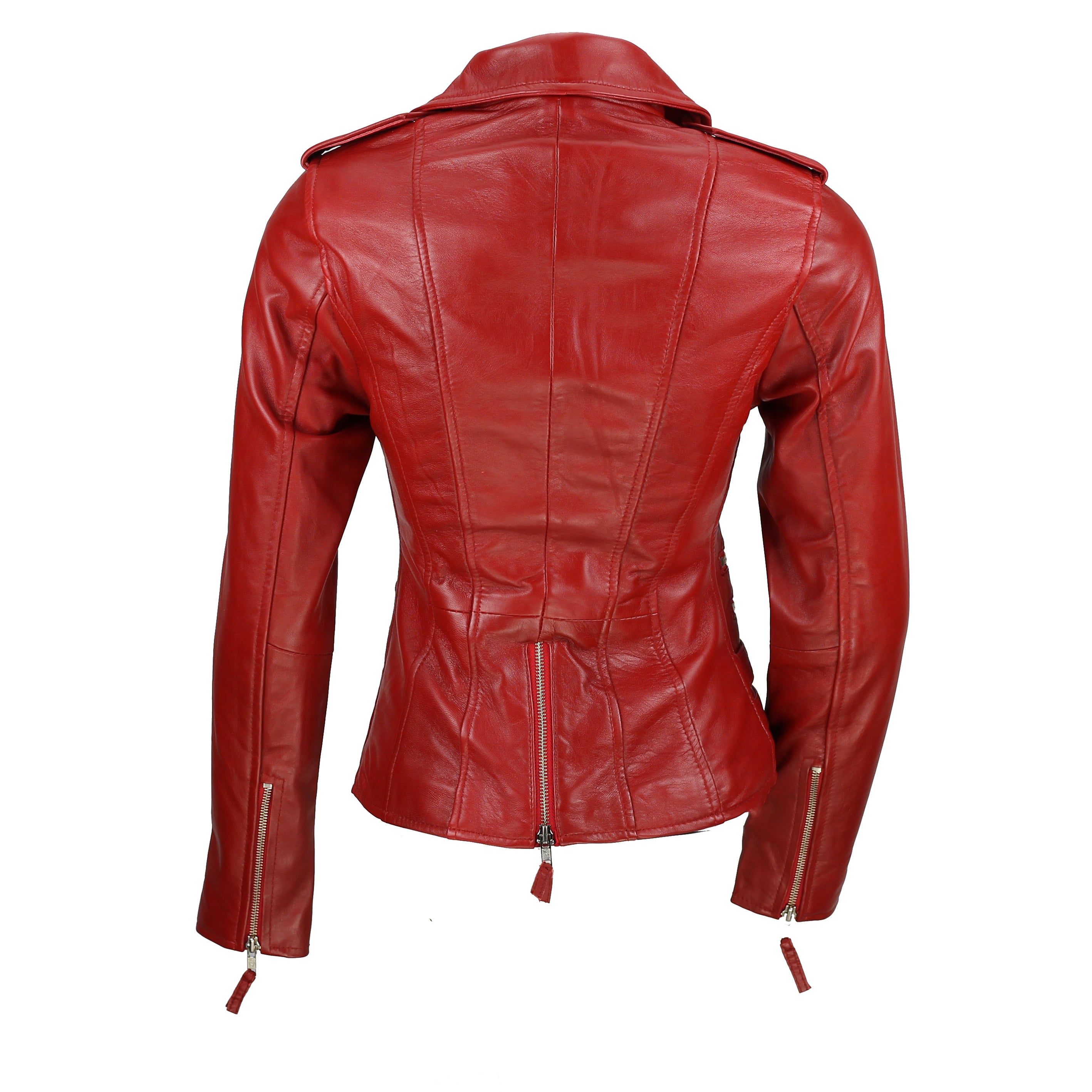 Red Real Leather Fitted Vintage Biker Style Zip Buckle Jacket