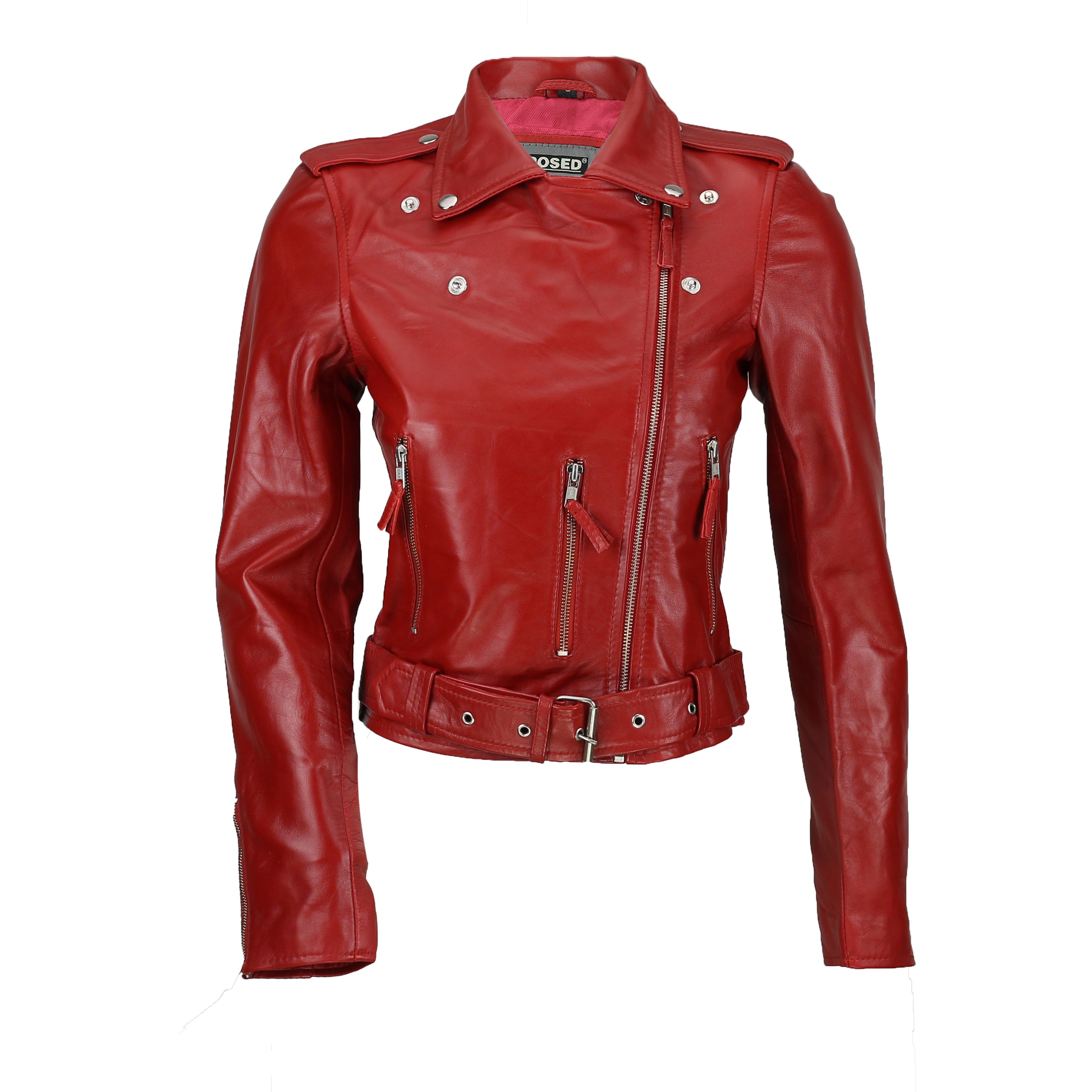 LADIES BIKER LEATHER JACKET IN RED