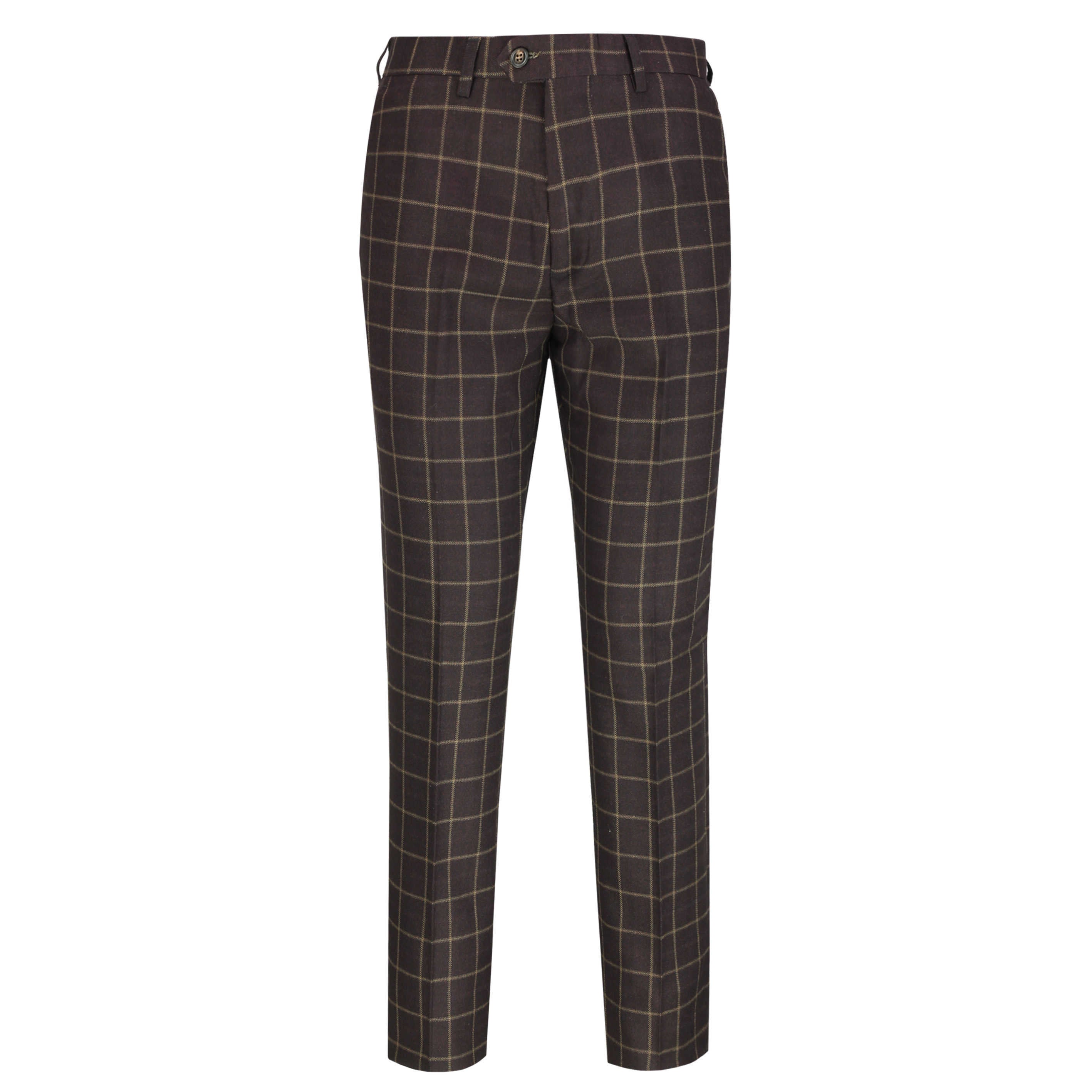 Mens Brown Windowpane Check Trousers Retro Vintage Slim Tailored Fit Suit Pants