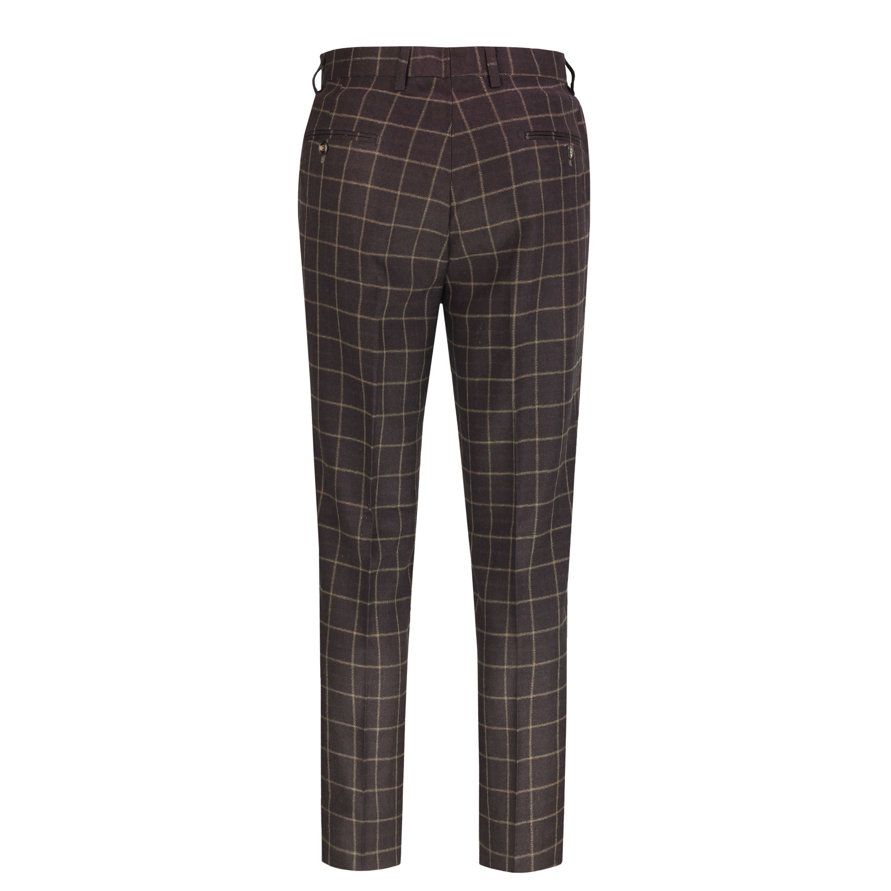 Mens Brown Windowpane Check Trousers Retro Vintage Slim Tailored Fit Suit Pants