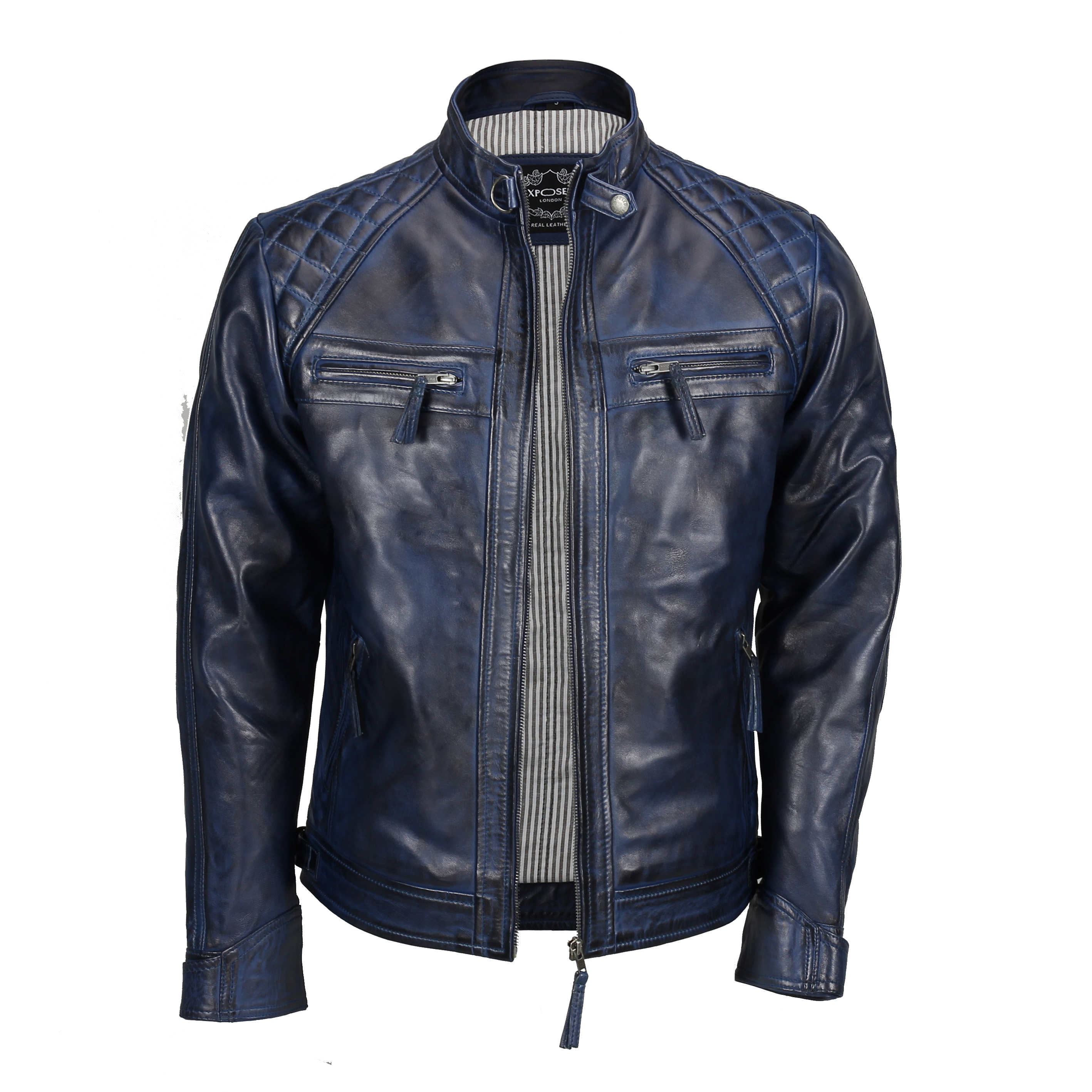 BLOUSON EN CUIR MATELASSÉ BLEU MOTARD