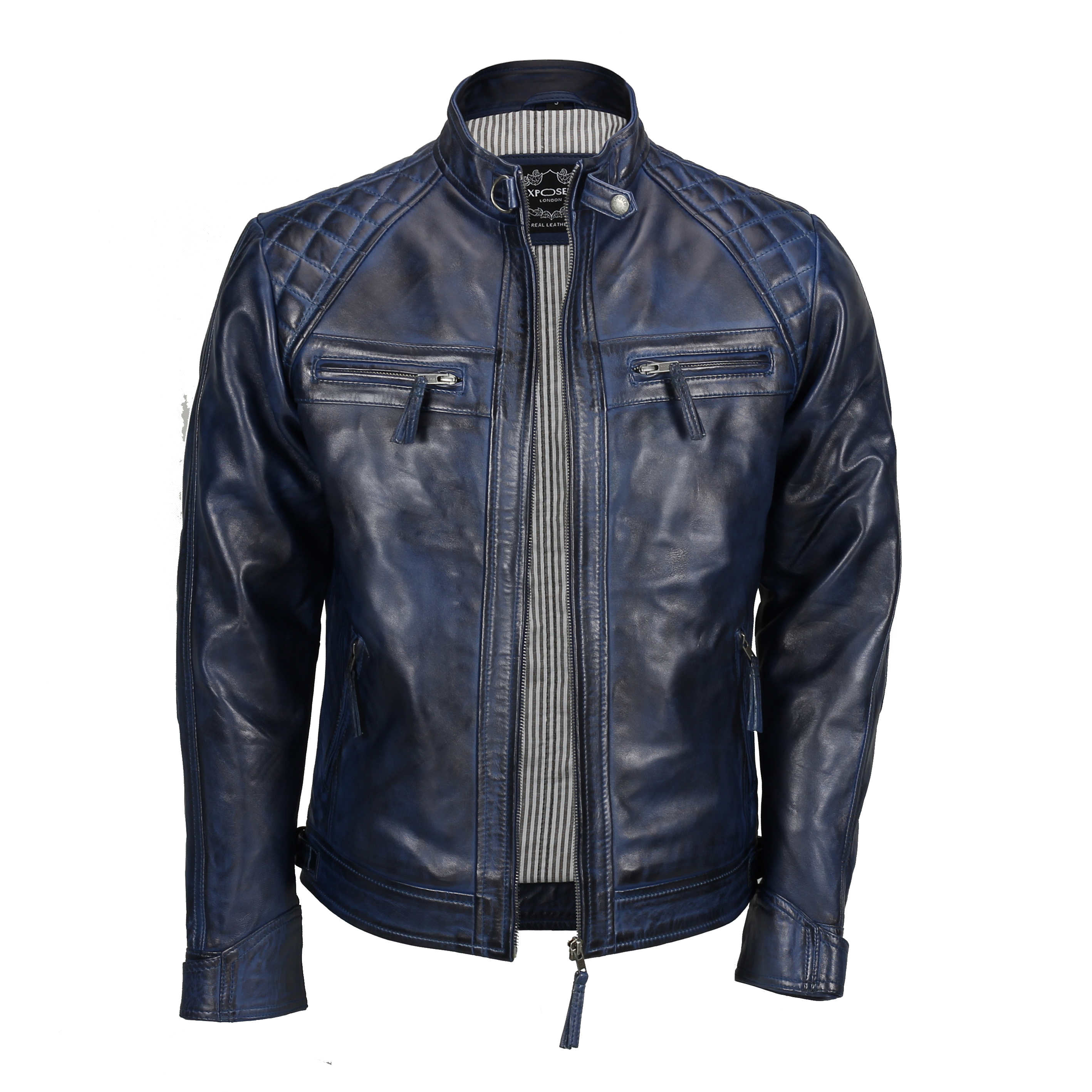 QUILTED BLUE BIKER LEATHER JACKET