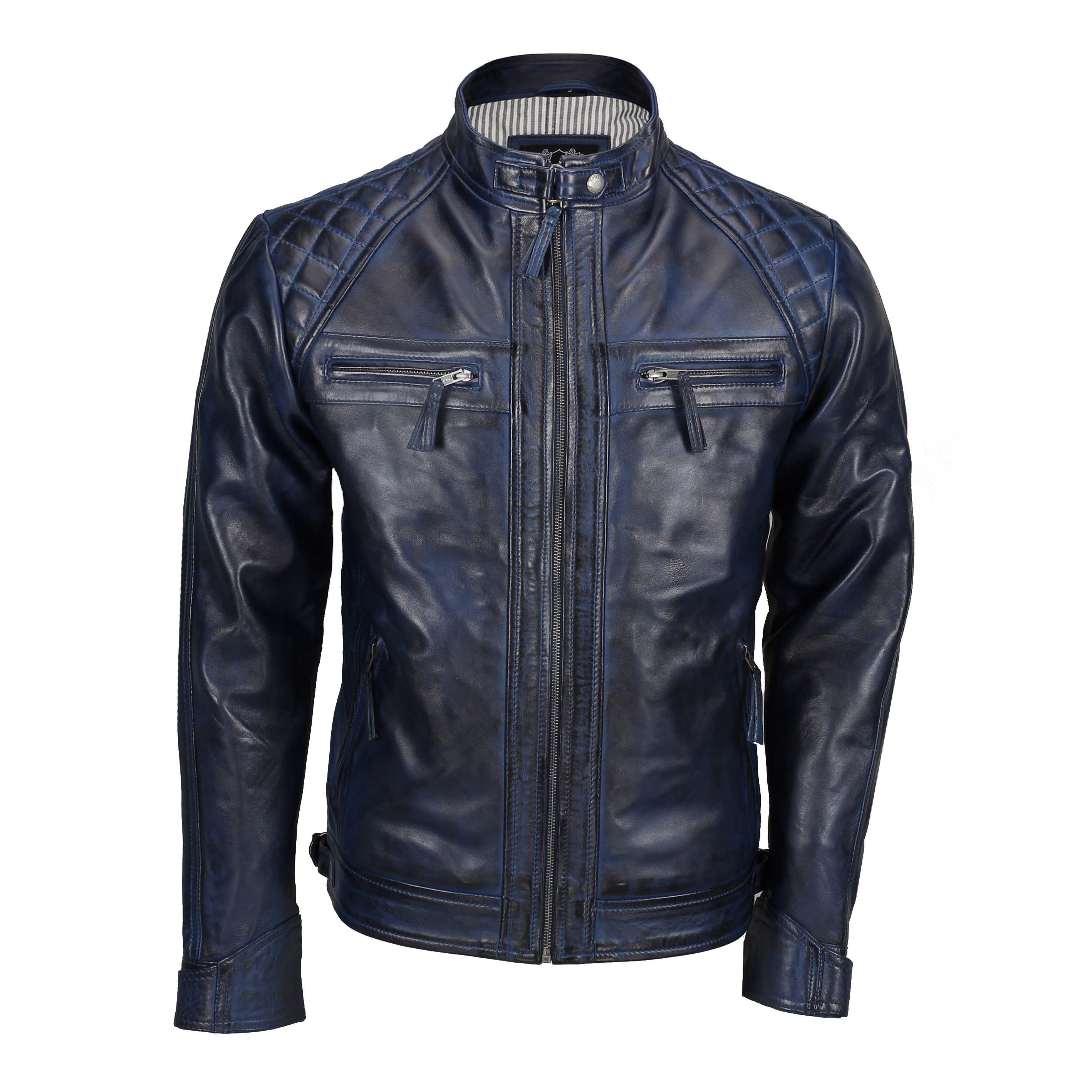 QUILTED BLUE BIKER LEATHER JACKET