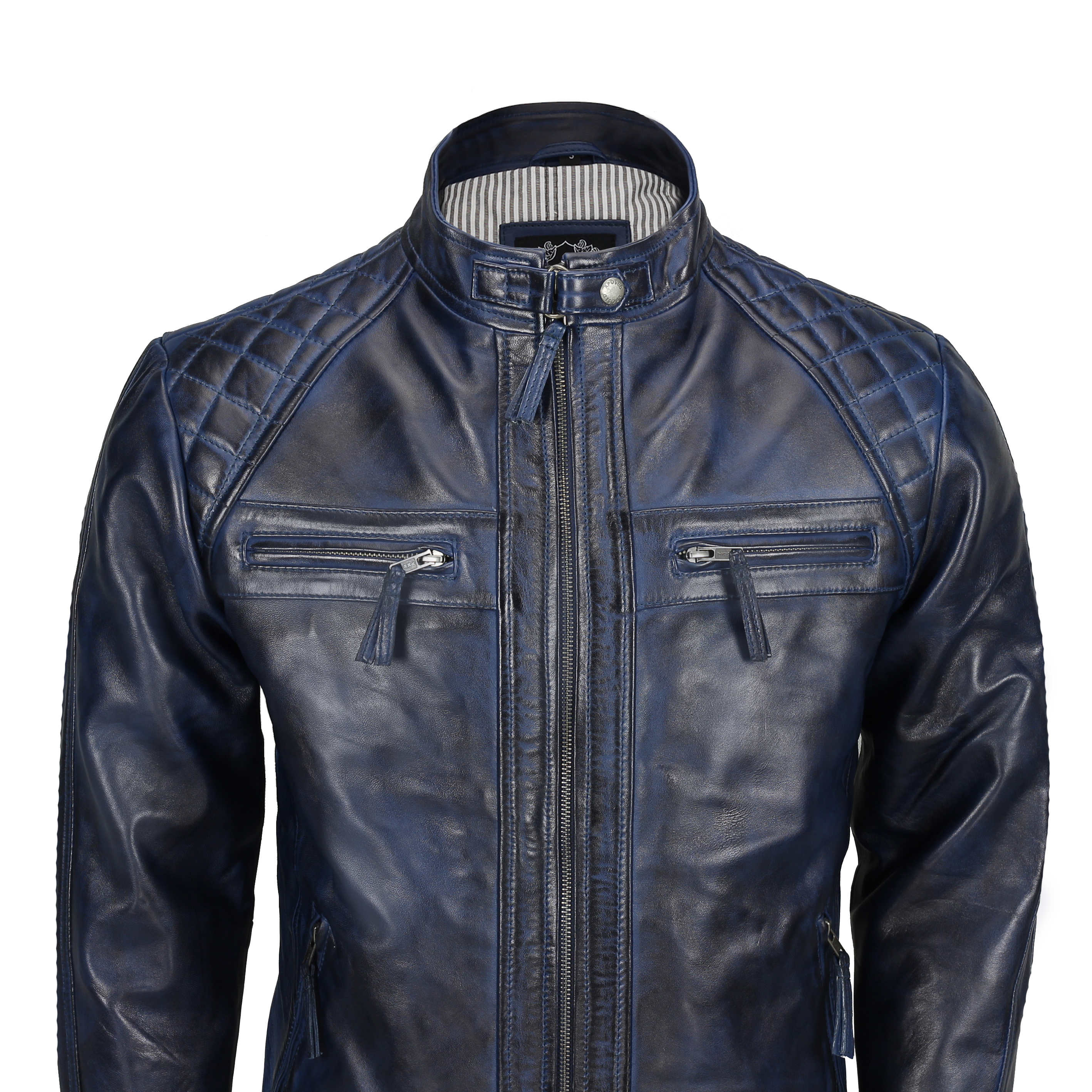 QUILTED BLUE BIKER LEATHER JACKET