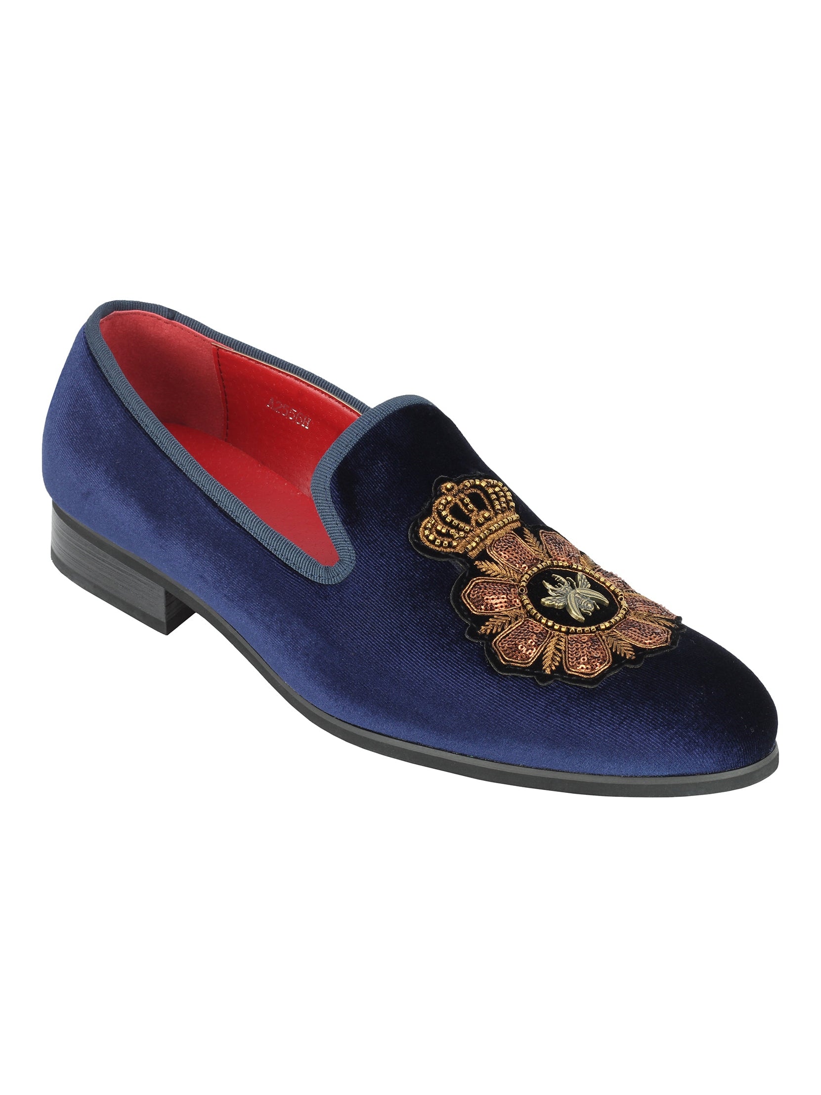 Mens Velvet Loafers Bee Crown Embroidered Vintage Dress Shoes Slip On Slippers Navy Blue