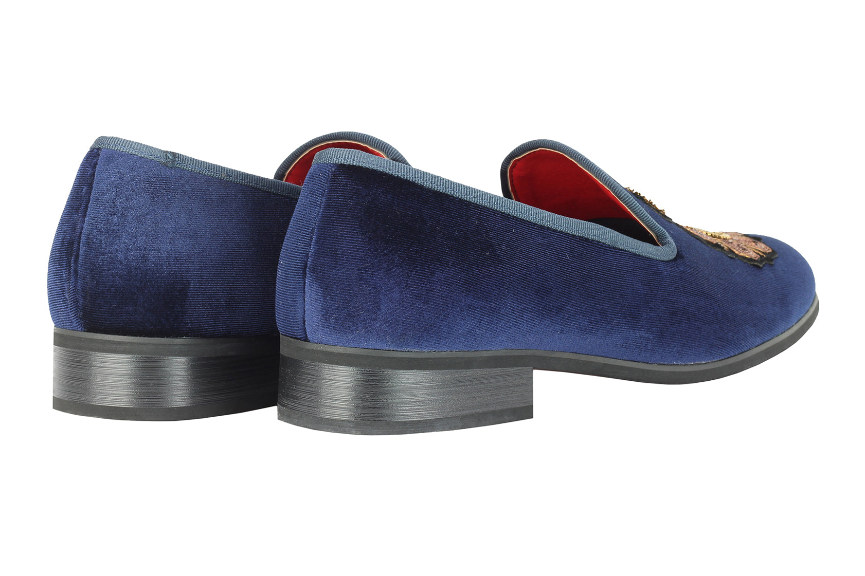 Mens Velvet Loafers Bee Crown Embroidered Vintage Dress Shoes Slip On Slippers Navy Blue