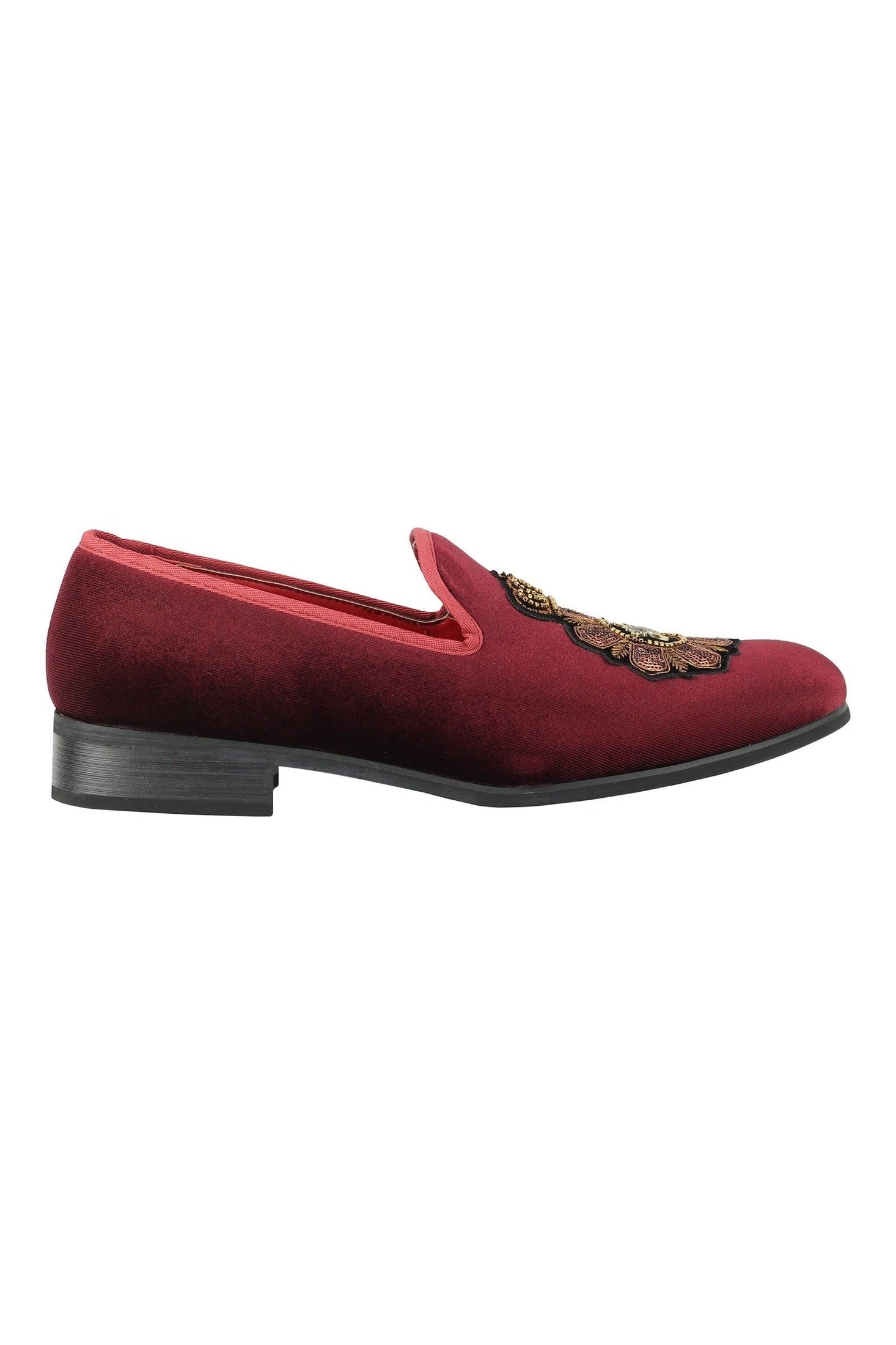 FAUX LEATHER EMBROIDERED VELVET LOAFERS IN MAROON â XPOSED