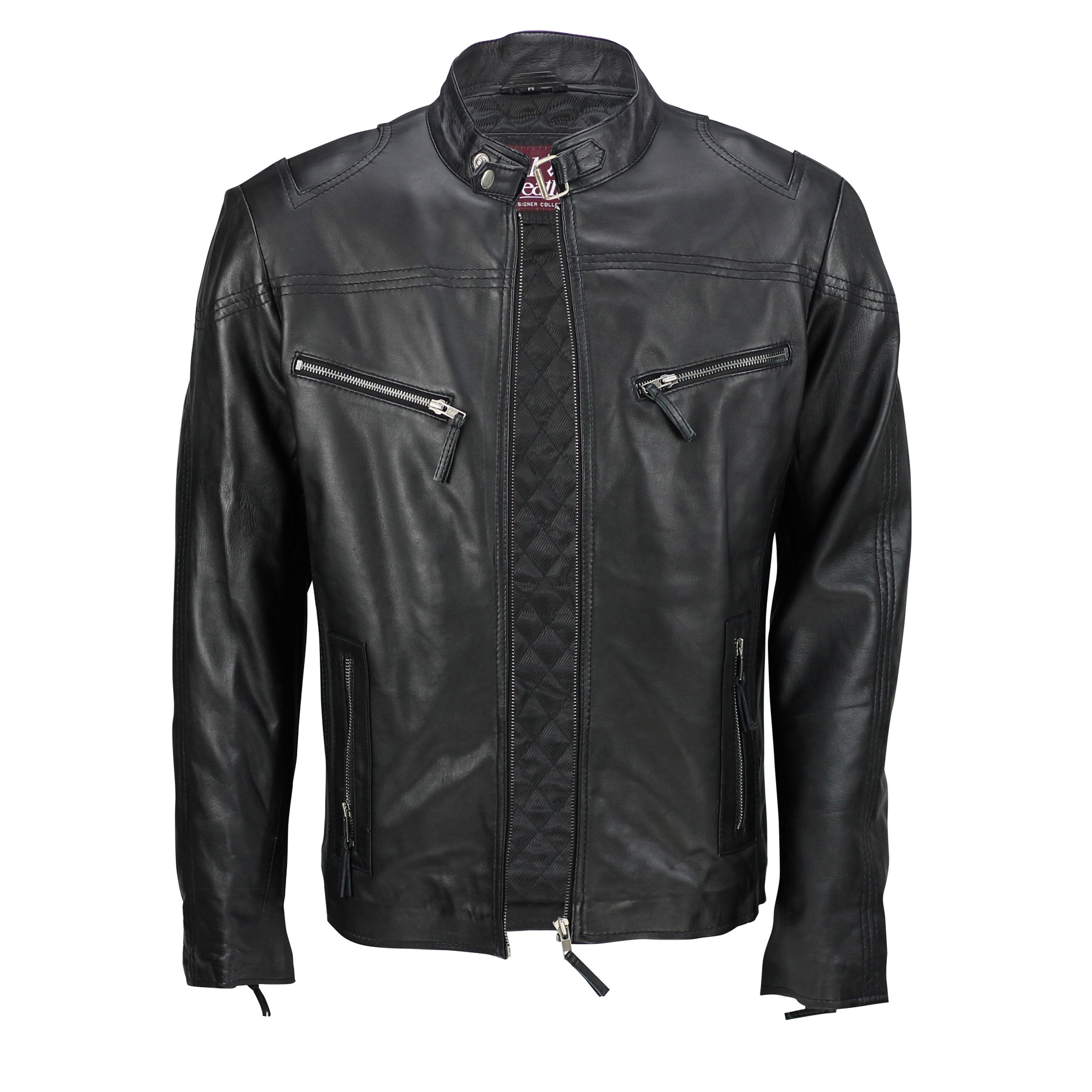 Mens Vintage Real Leather Black Biker Style Zipped Pockets Casual Fitted Jacket