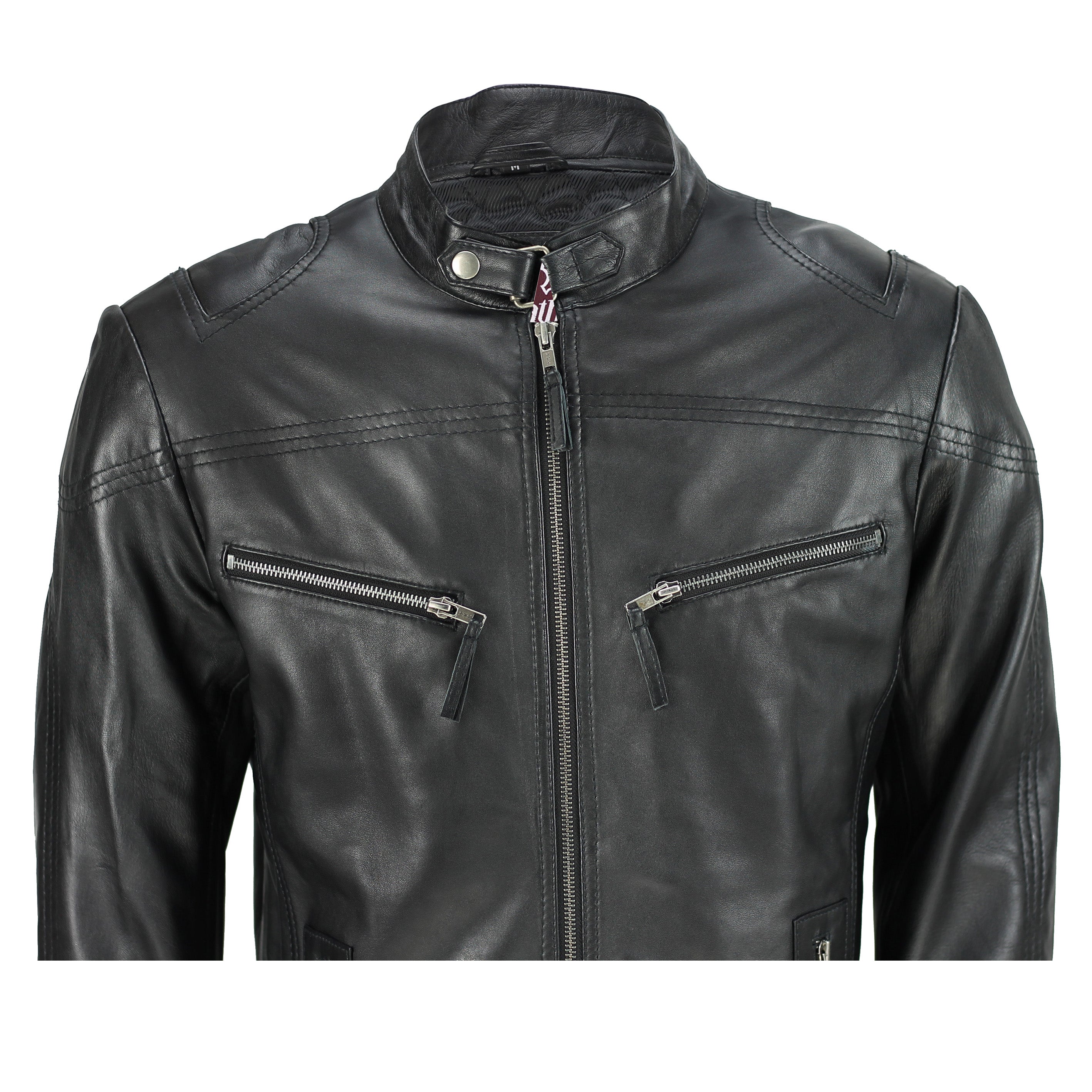 Mens Vintage Real Leather Black Biker Style Zipped Pockets Casual Fitted Jacket