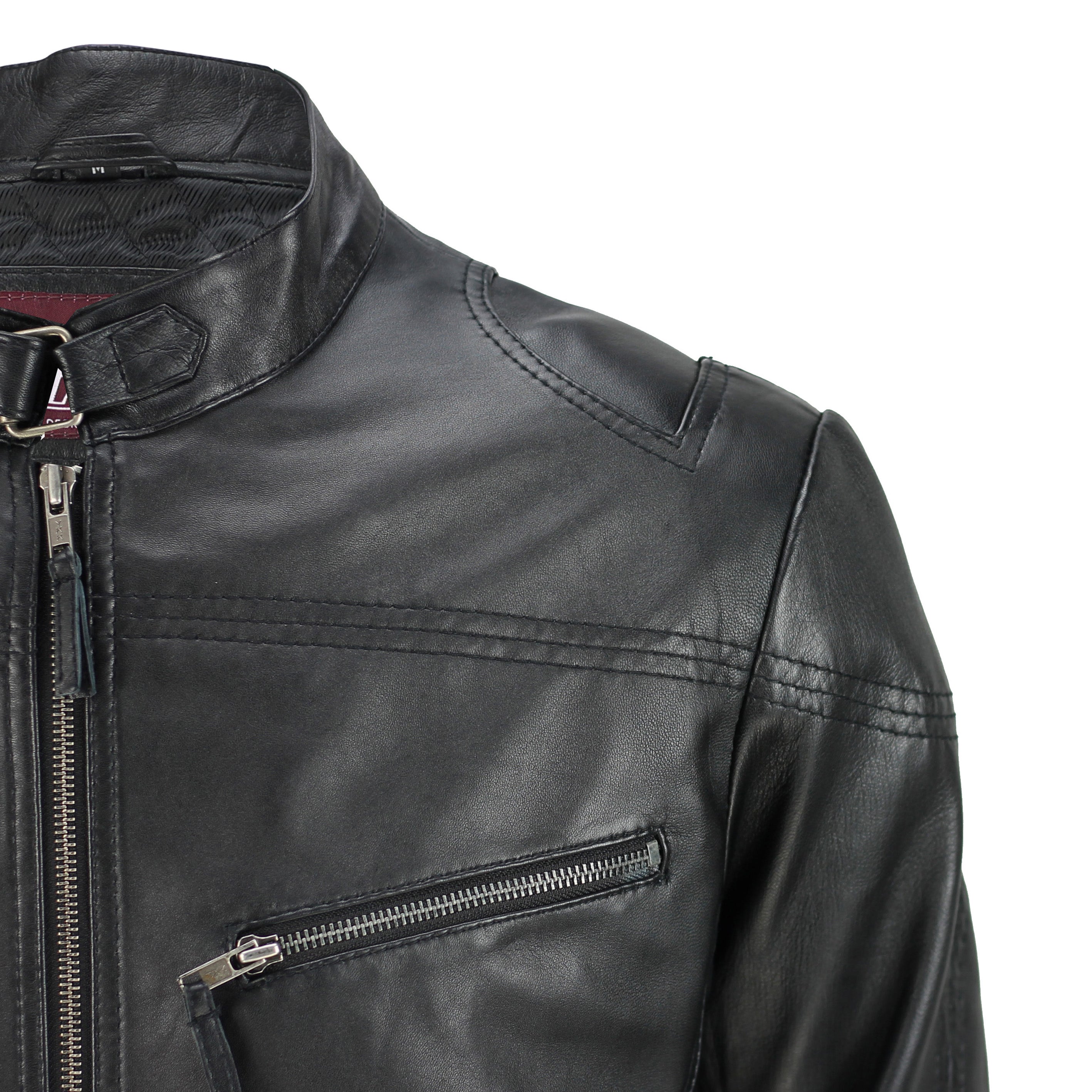 Mens Vintage Real Leather Black Biker Style Zipped Pockets Casual Fitted Jacket