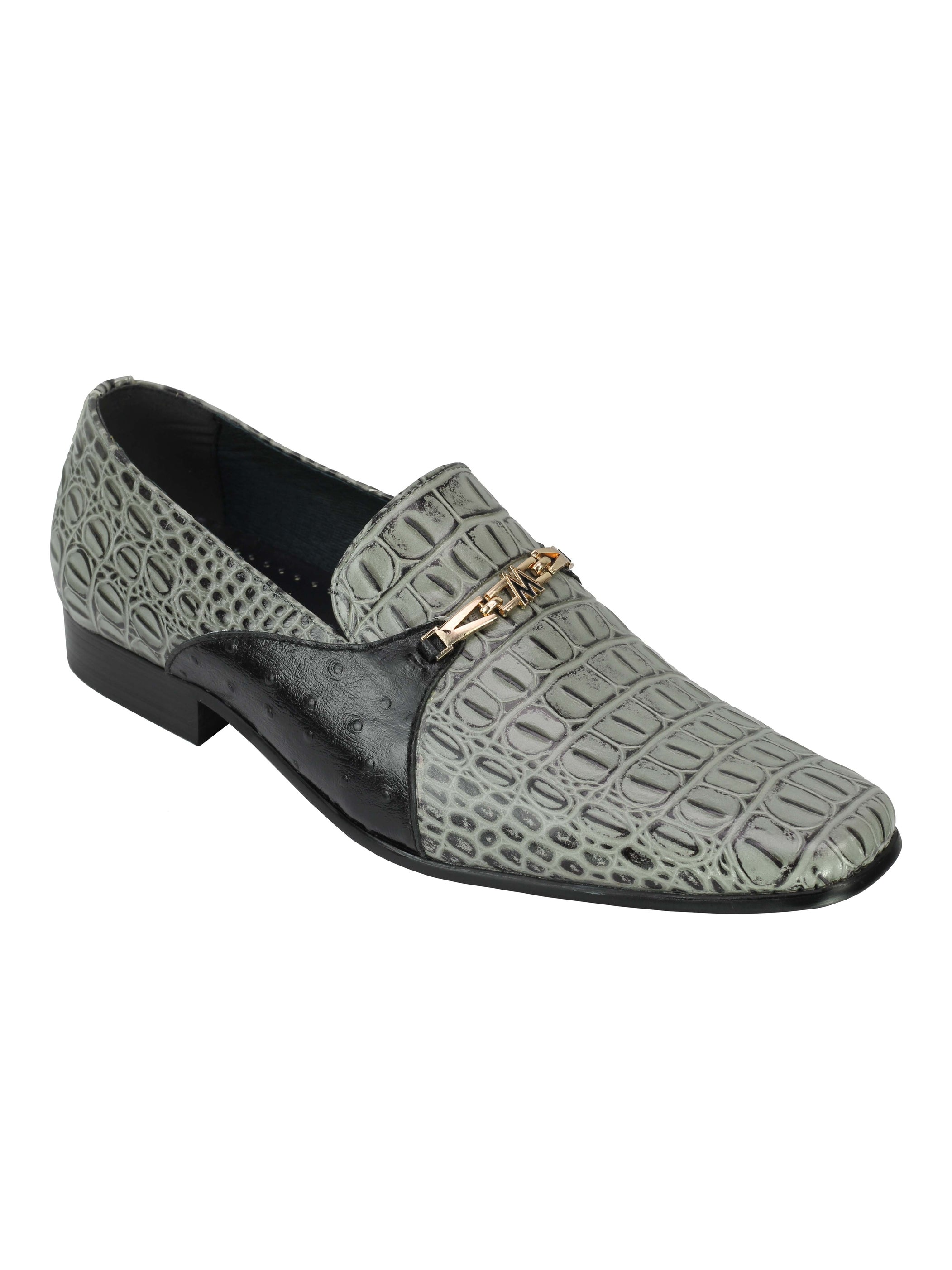 Real Leather Grey Croc Effect Gold Buckle Shoes