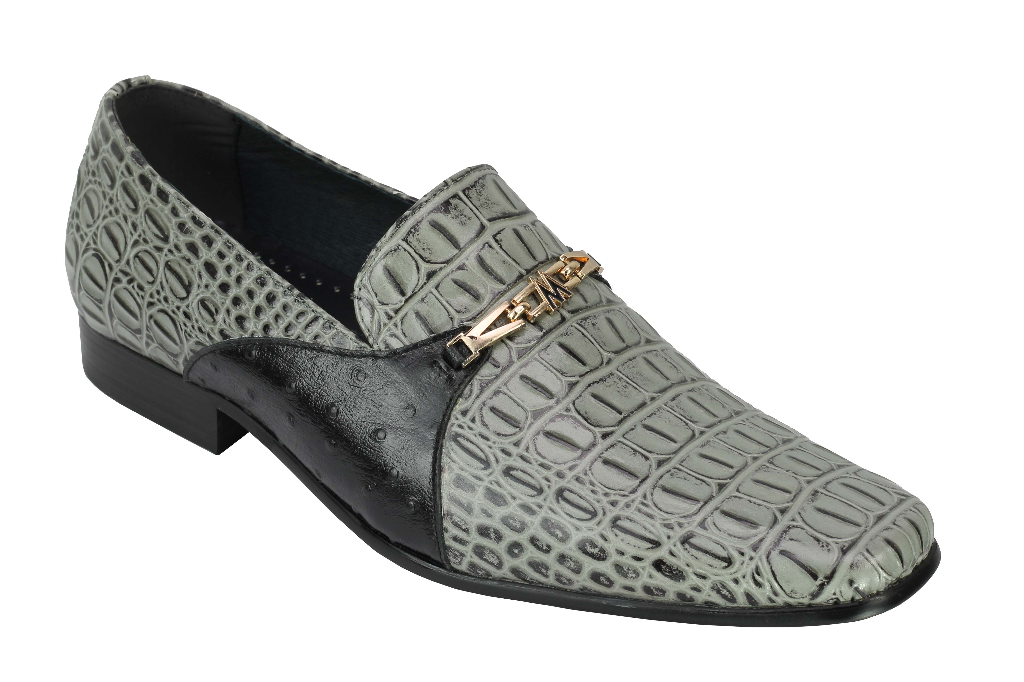 Real Leather Grey Croc Effect Gold Buckle Shoes