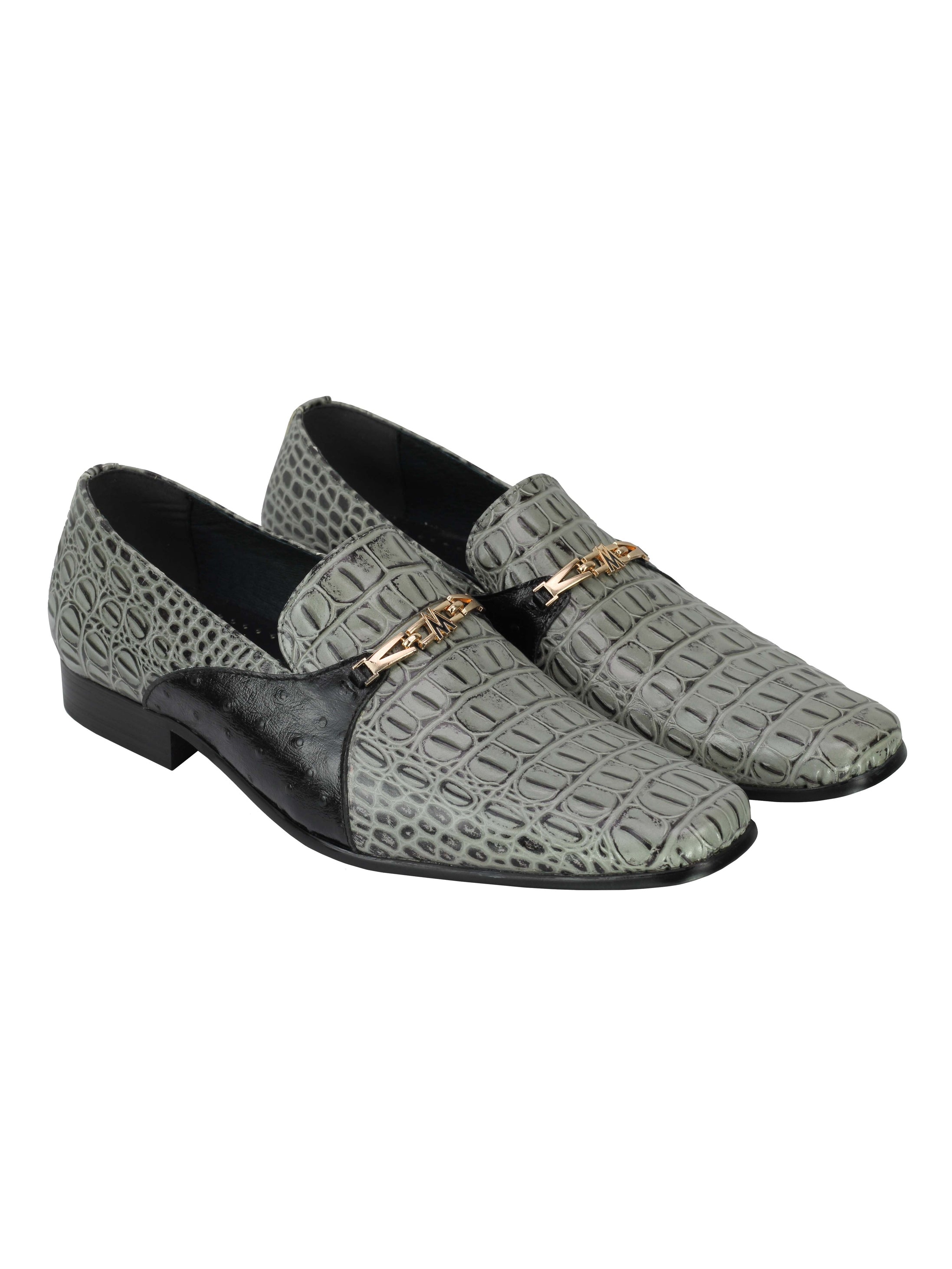 Real Leather Grey Croc Effect Gold Buckle Shoes