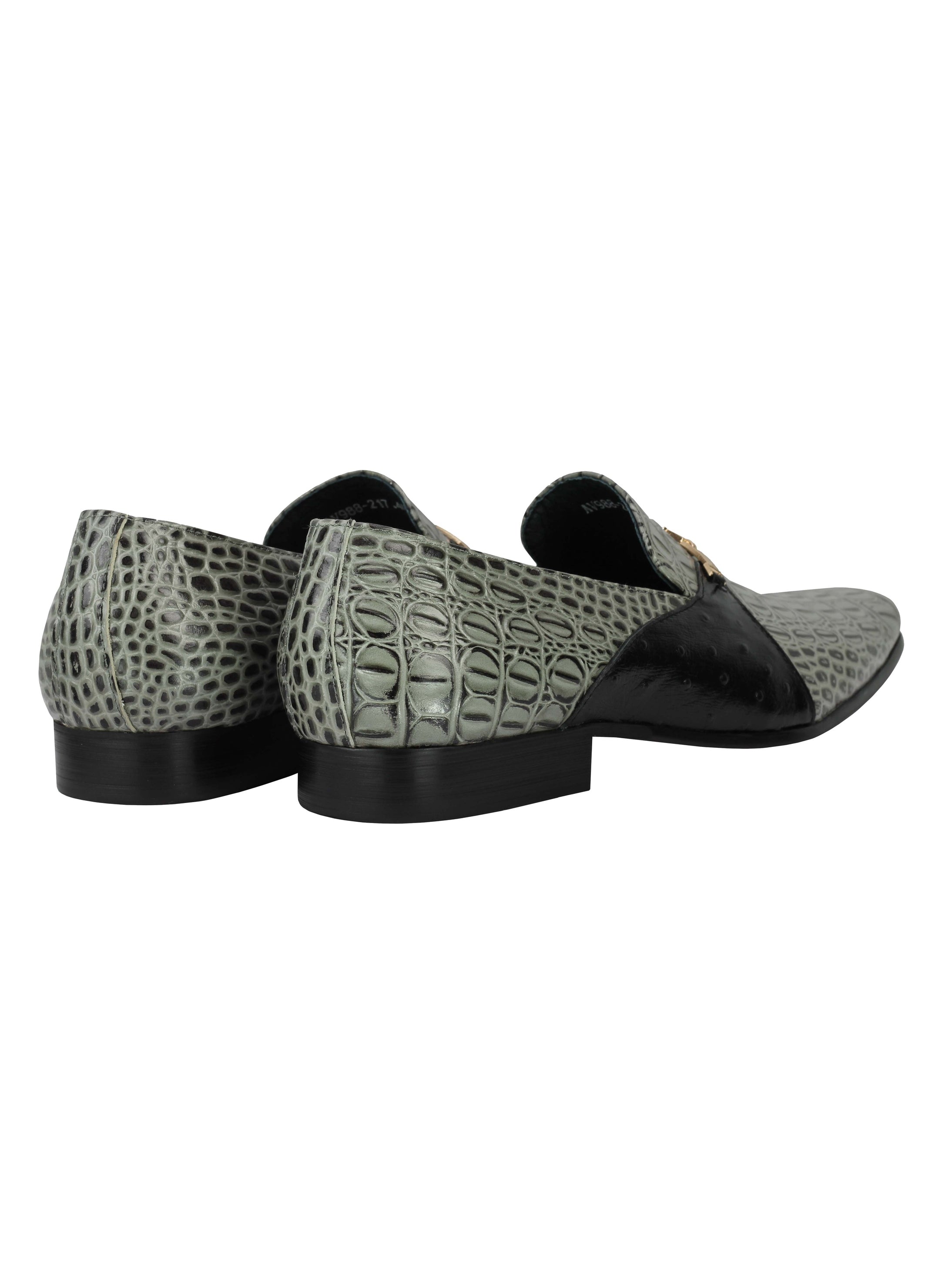 Real Leather Grey Croc Effect Gold Buckle Shoes