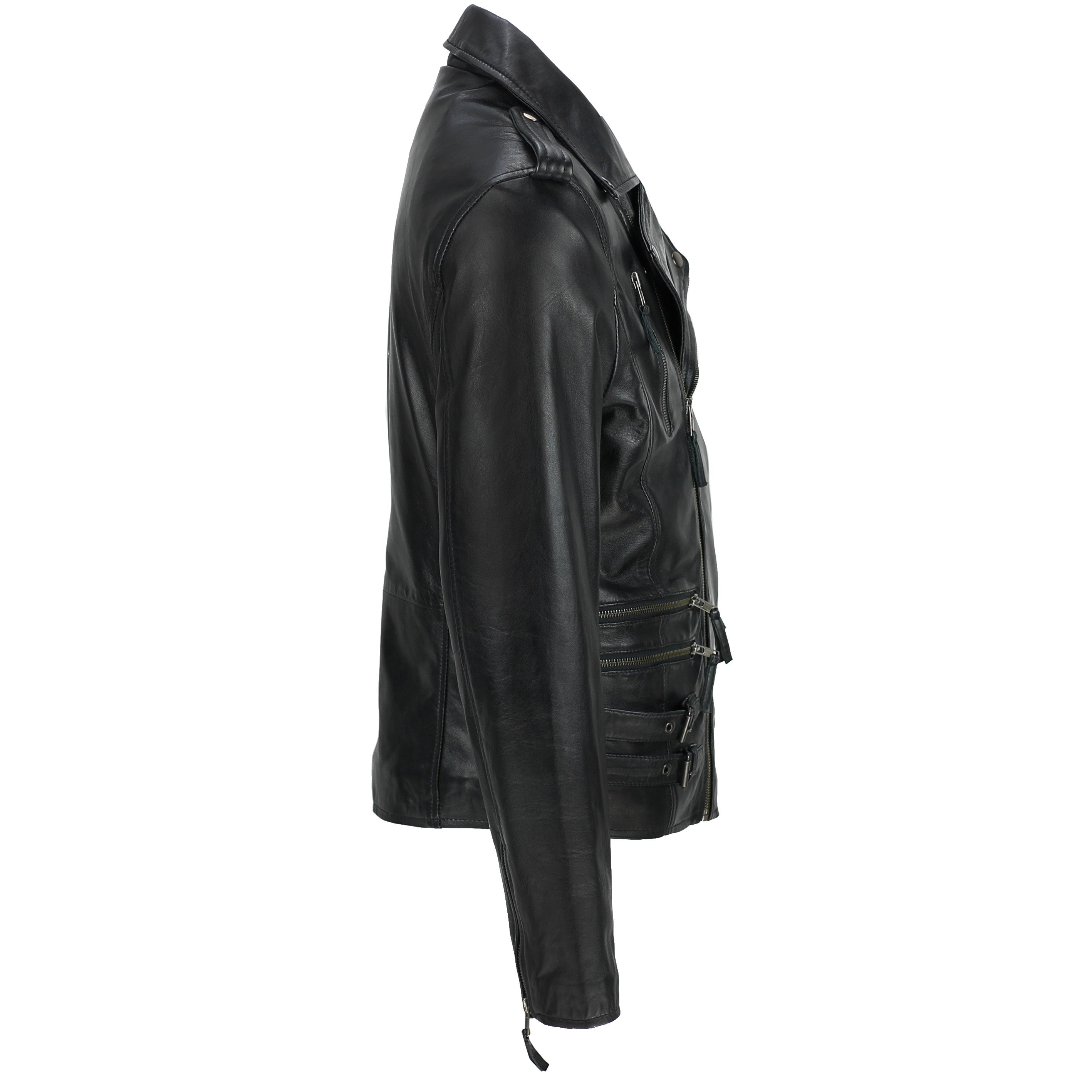 Mens Black Soft Real Leather Motorcycle Cross Zipped Vintage Fitted Biker Jacket