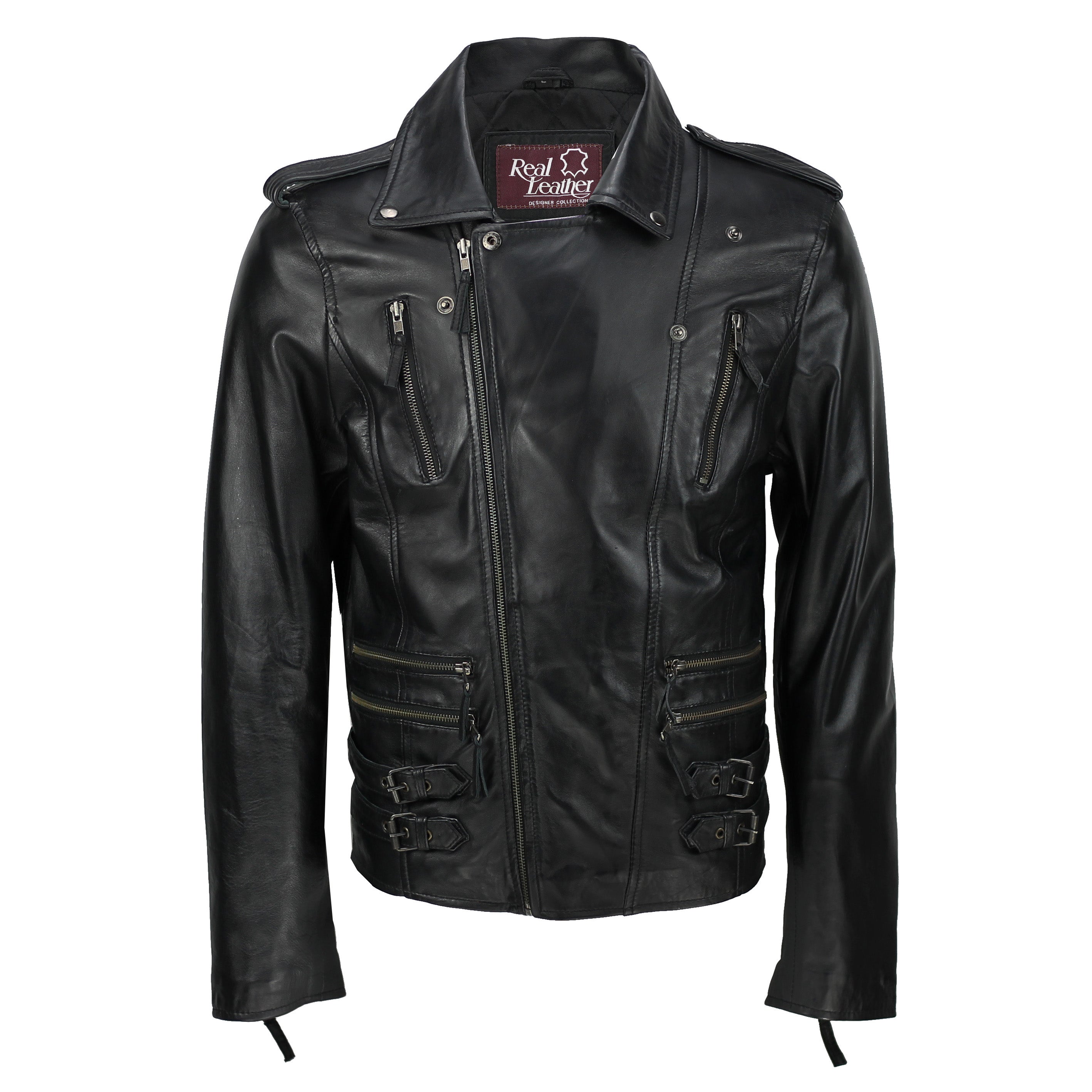 Mens Black Soft Real Leather Motorcycle Cross Zipped Vintage Fitted Biker Jacket