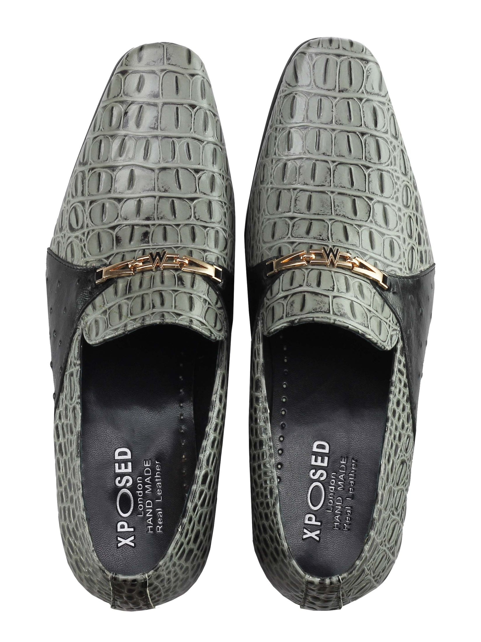 Real Leather Grey Croc Effect Gold Buckle Shoes