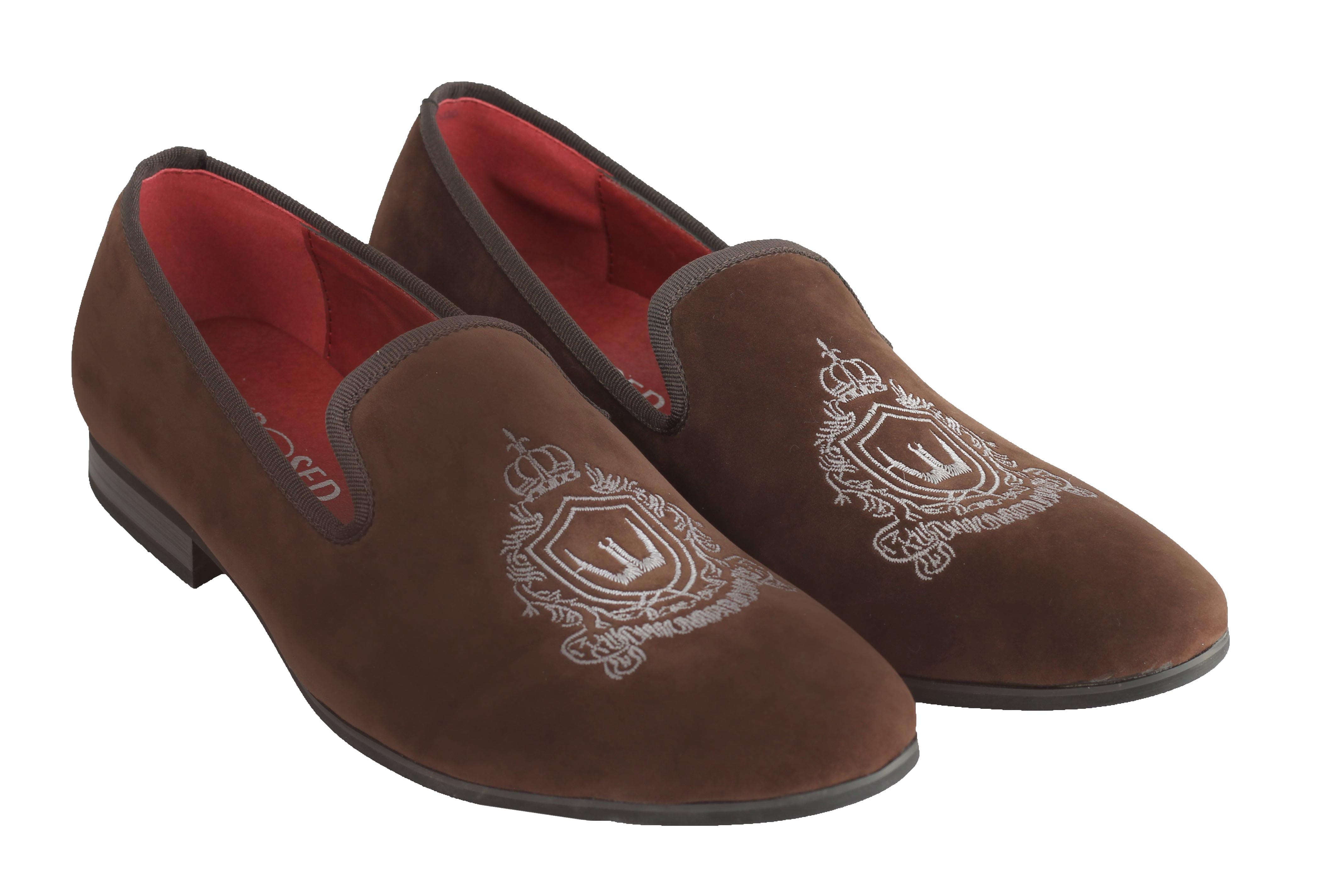 Faux Velvet Embroidery Suede Leather Loafers In Brown