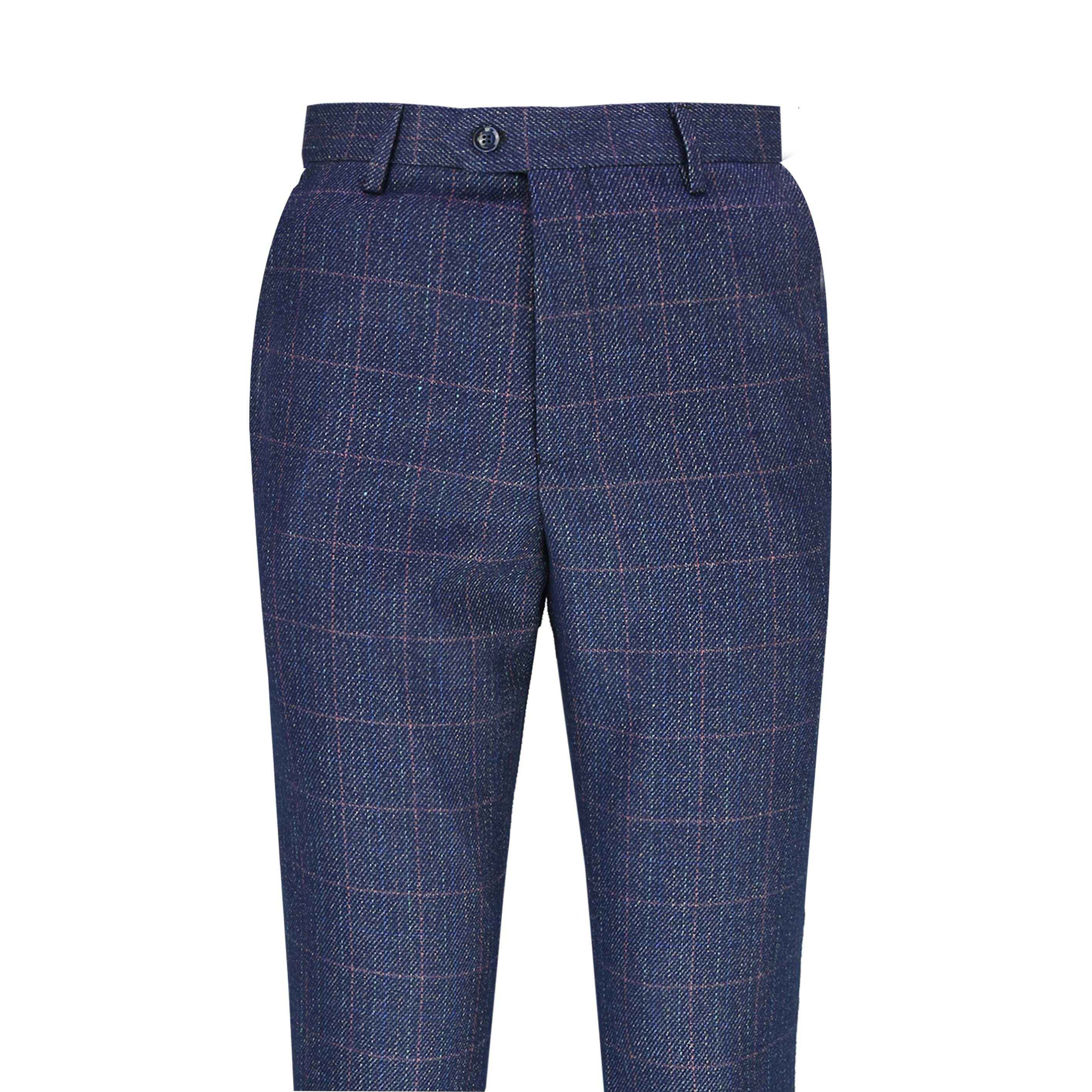 Mens Navy Blue Herringbone Tweed Check Trouser