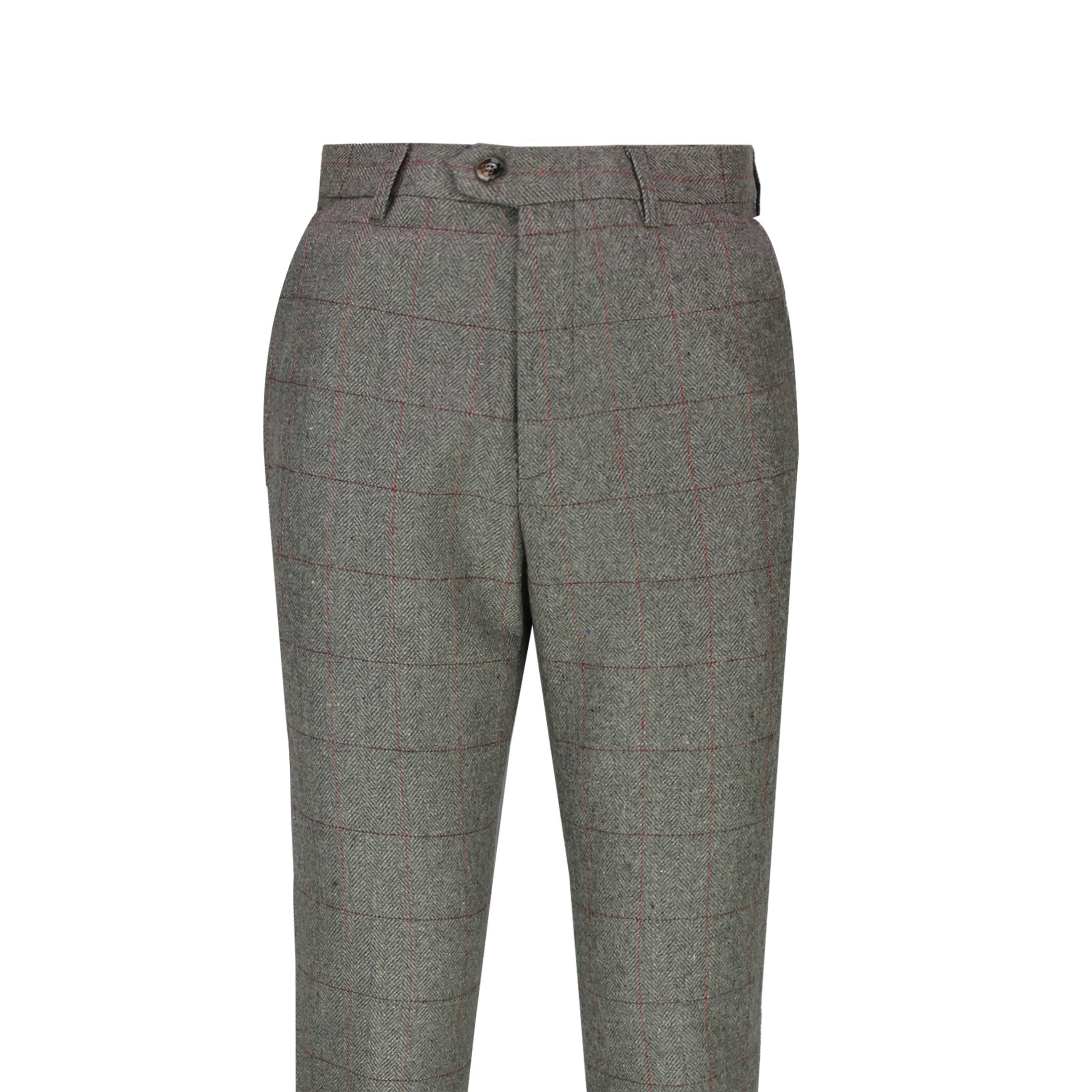 Mens Grey Double Breasted Tweed Herringbone Trousers